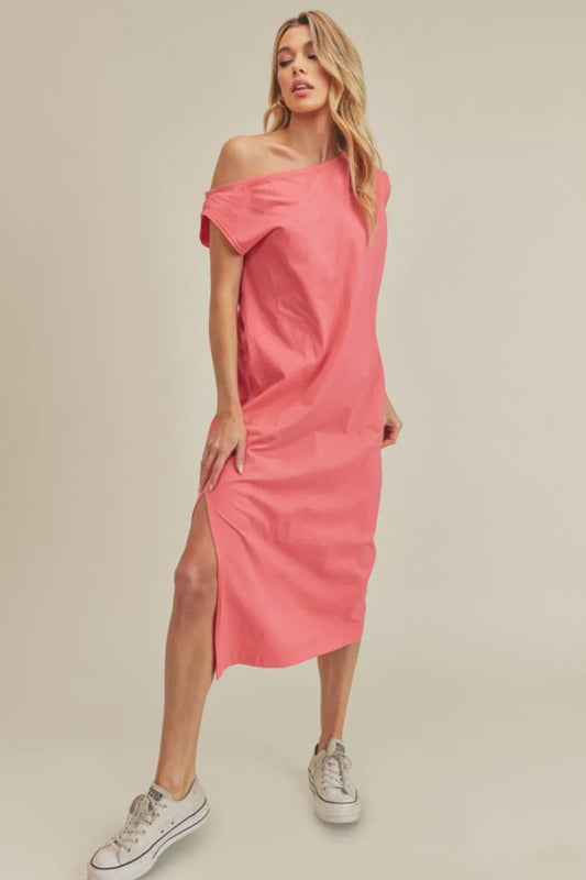 Side Slit Round Neck Midi Dress in Coral