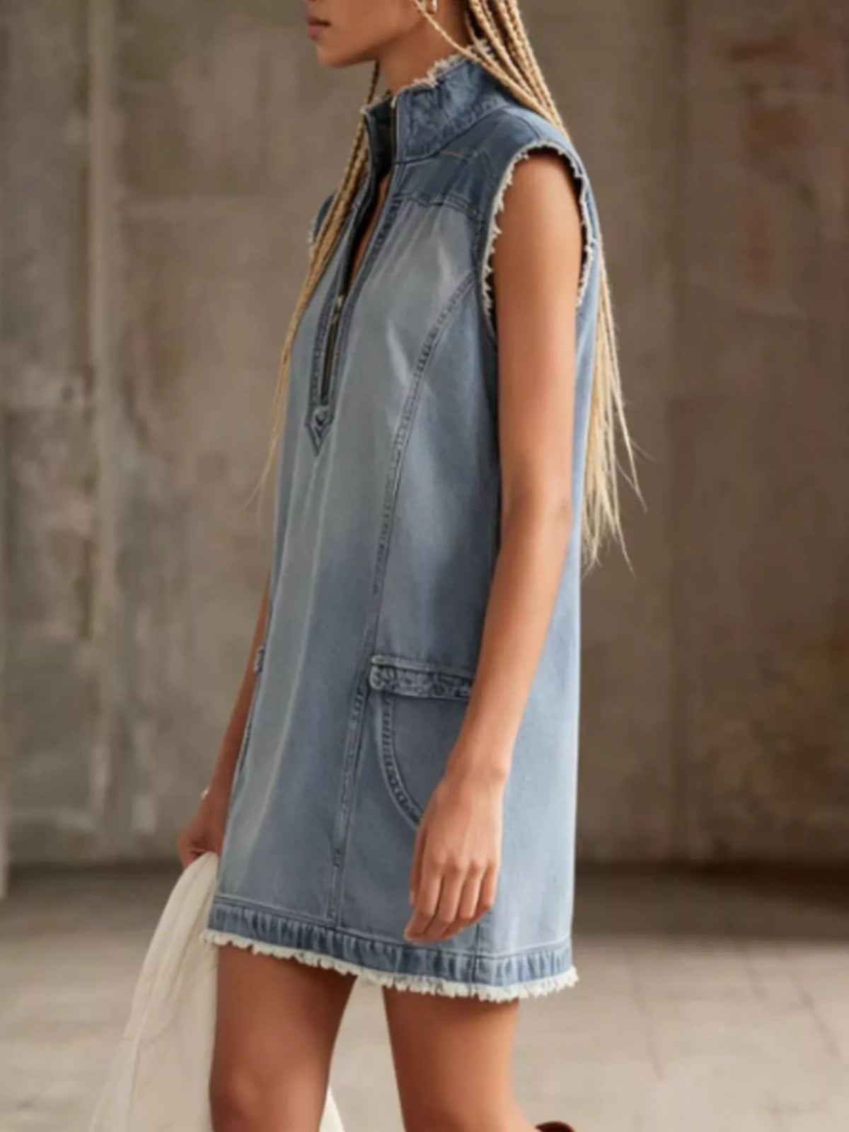 Frayed Hem Zip-Front Denim Mini Dress in Blue