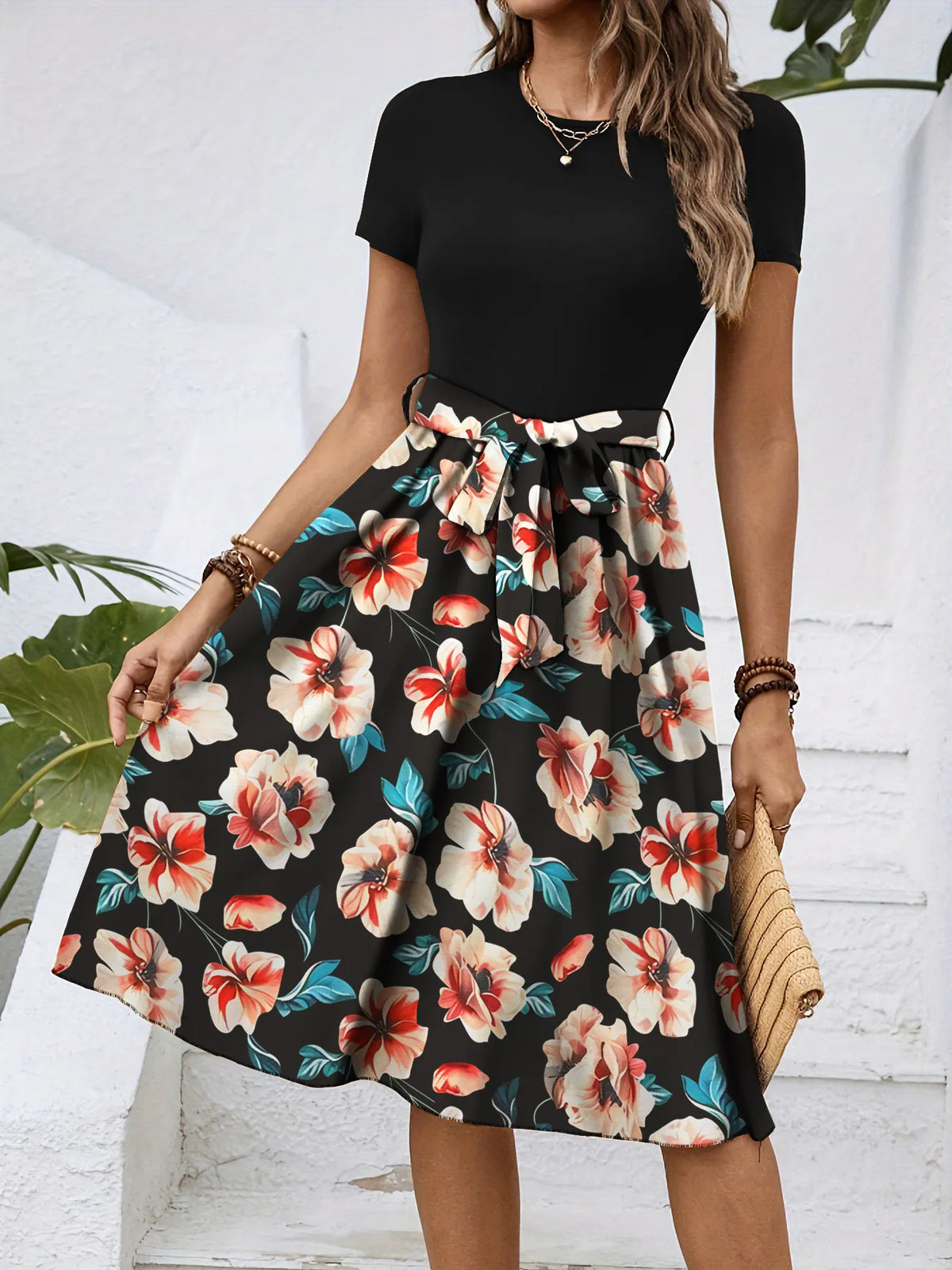 Floral Print A-Line Dress in Black by Classic Comfort