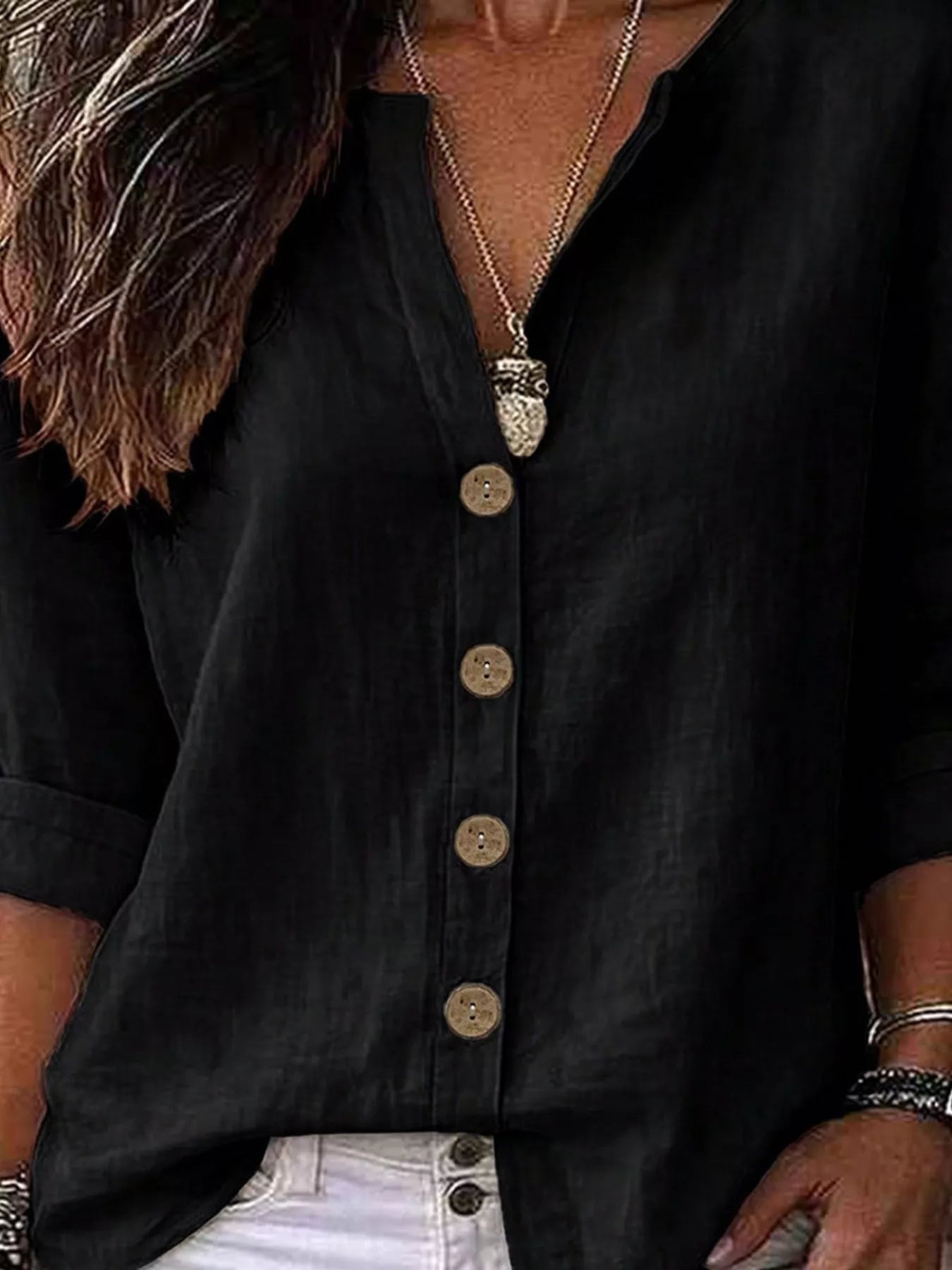 V-Neck Button-Up Long Sleeve Shirt