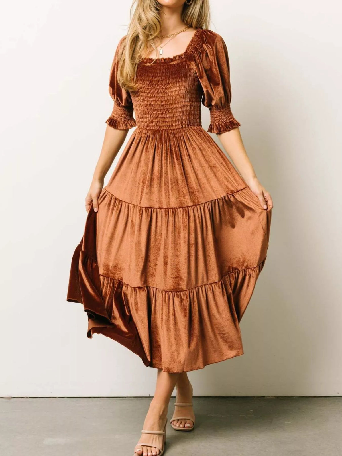 Smocked Tiered Velvet Midi Dress
