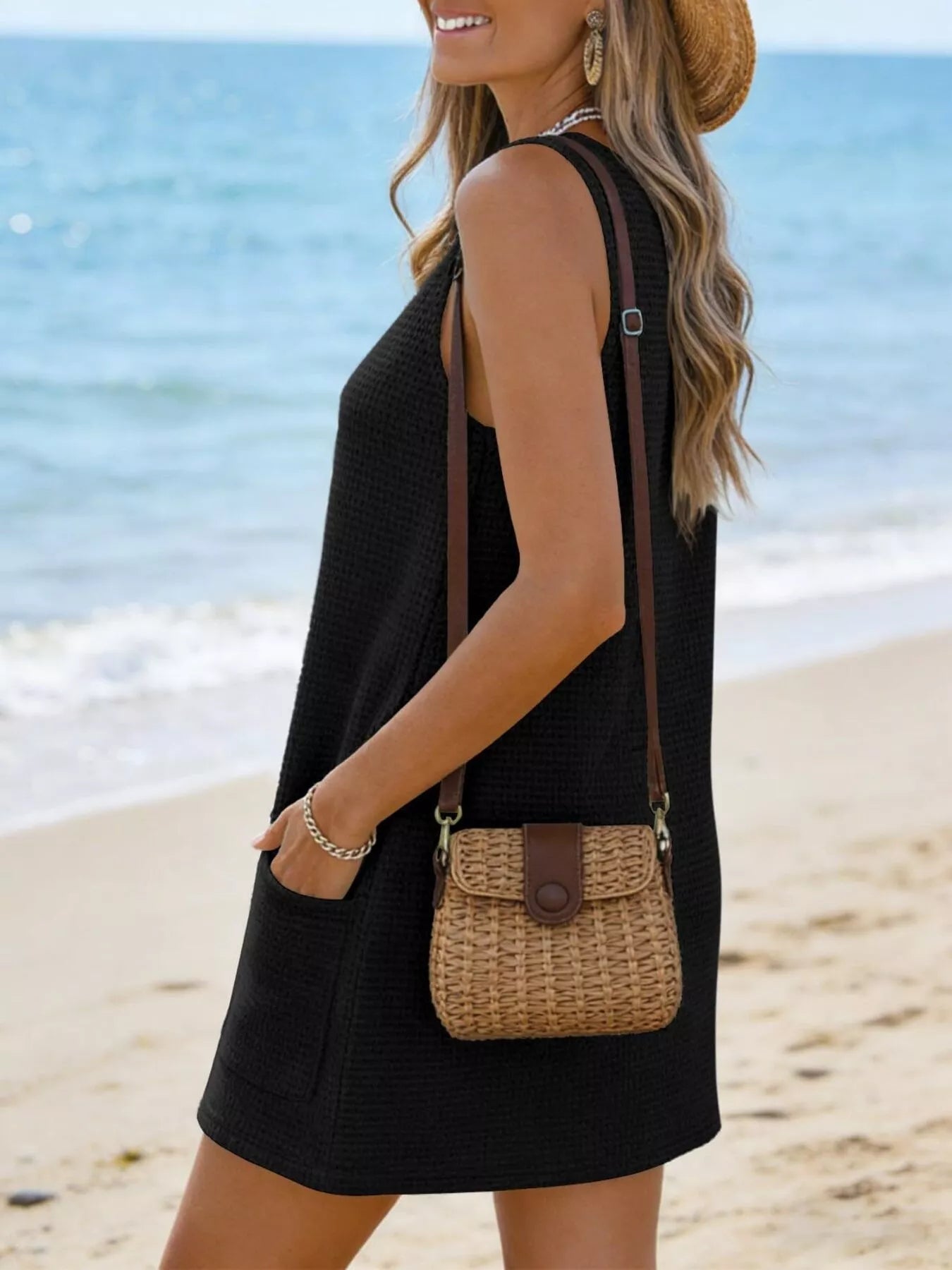 Waffle-Knit V-Neck Sleeveless Dress