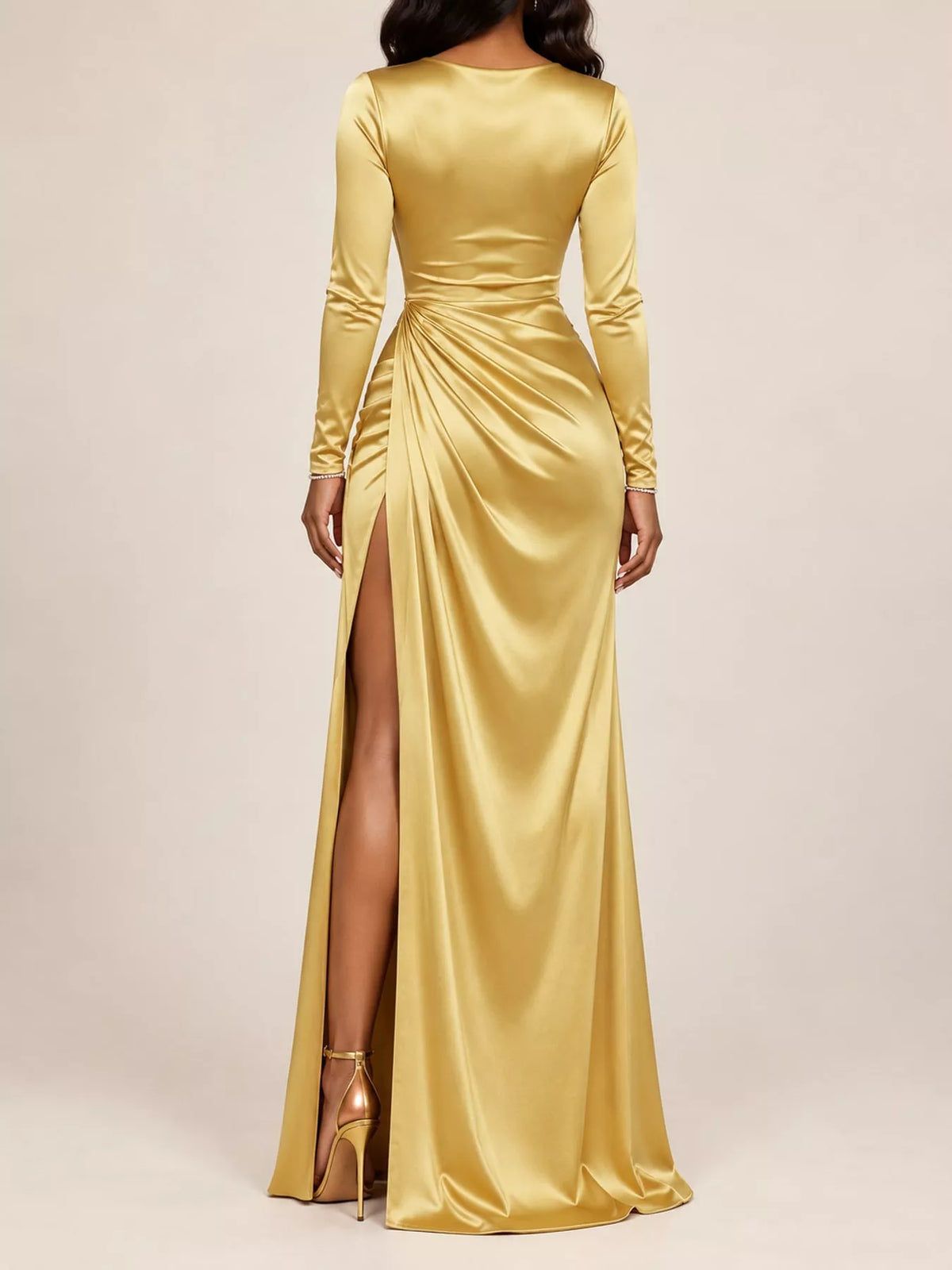 Satin Cowl Neck High Slit Evening Maxi Dress in Black