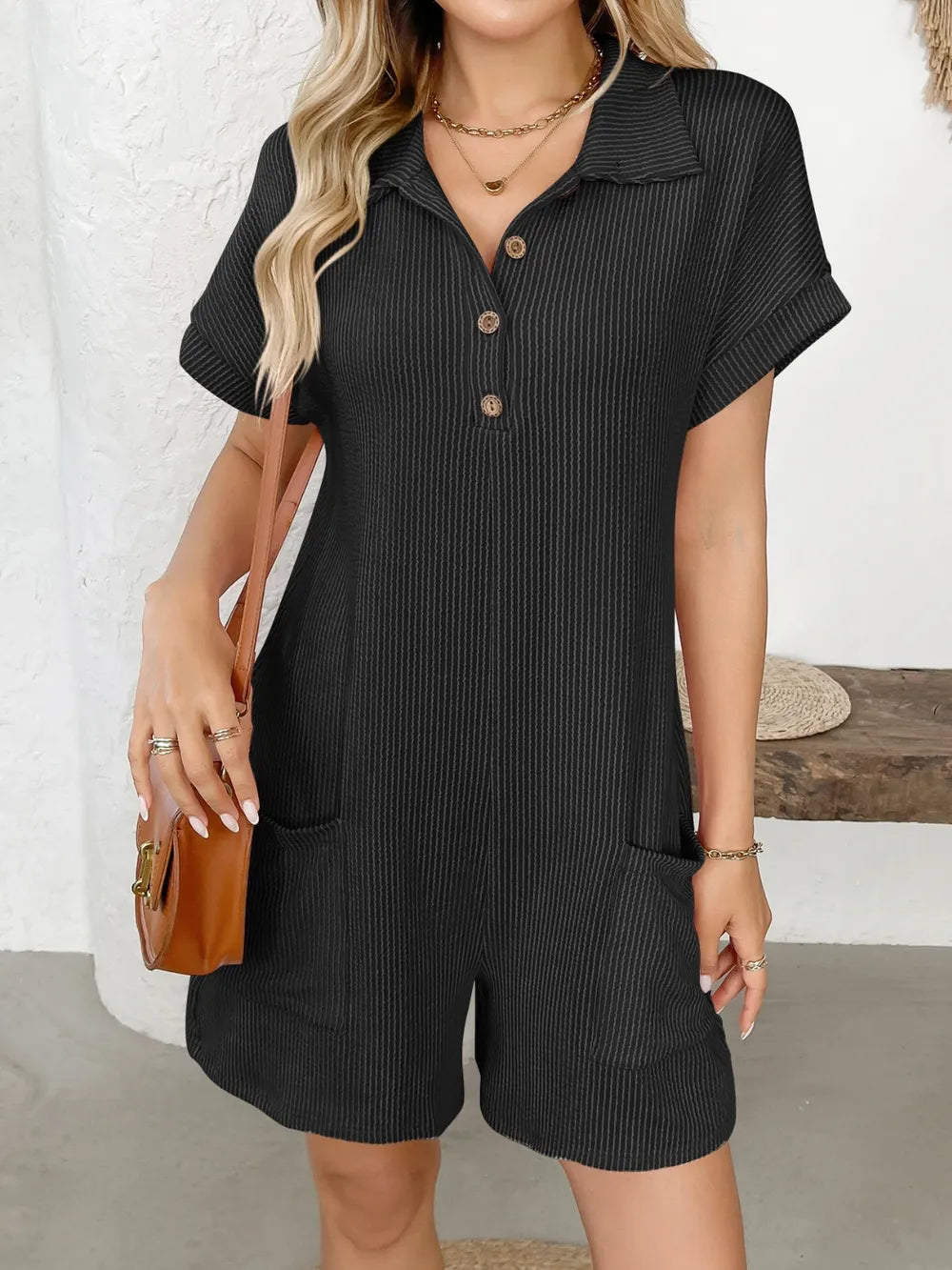 Collared Short Sleeve Button Detail Romper