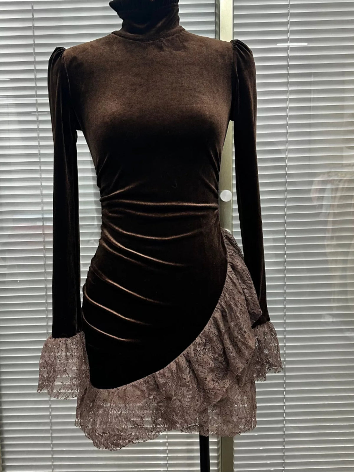 Velvet Mock Neck Mini Dress with Lace Ruffle Trim in Brown