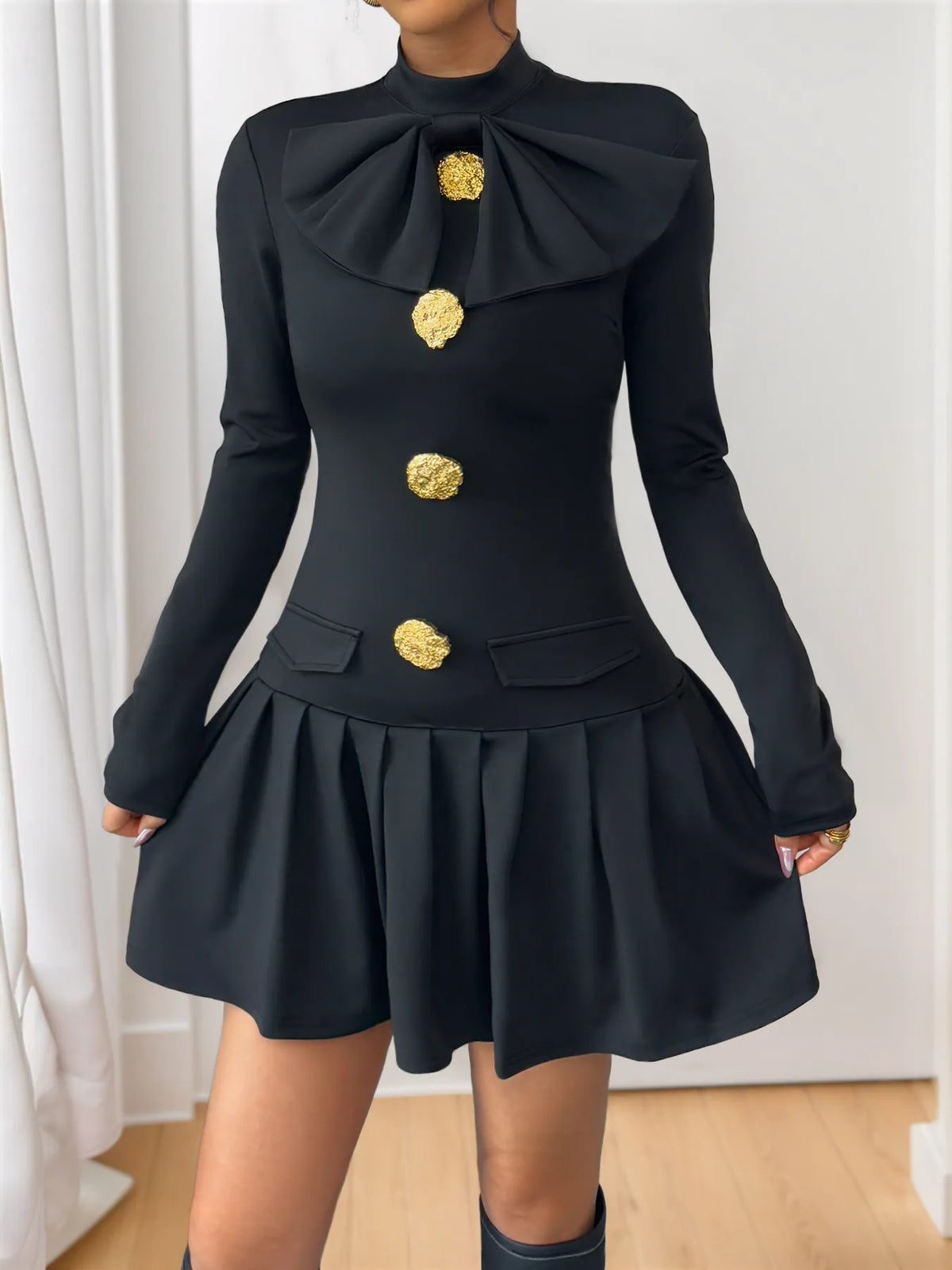 Decorative Button Mock Neck Mini Dress in Black