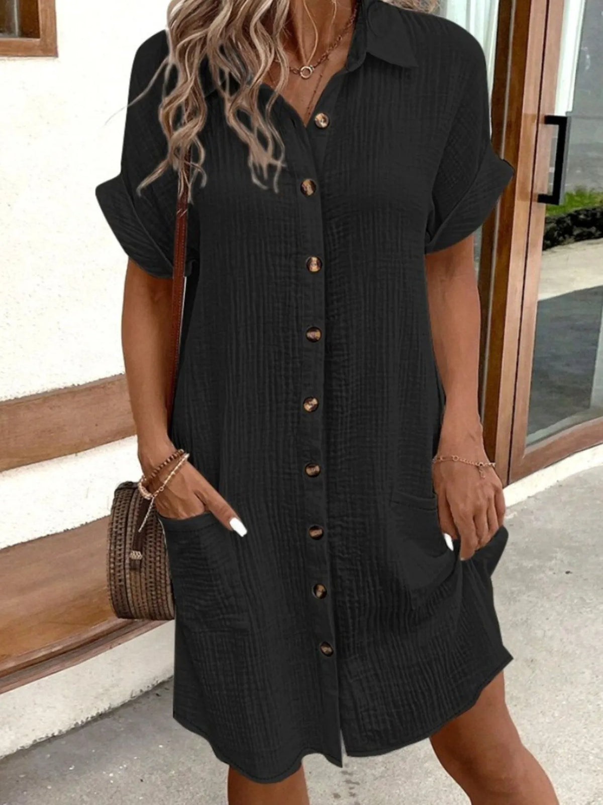 Button-Down Shirt Dress with Pockets
