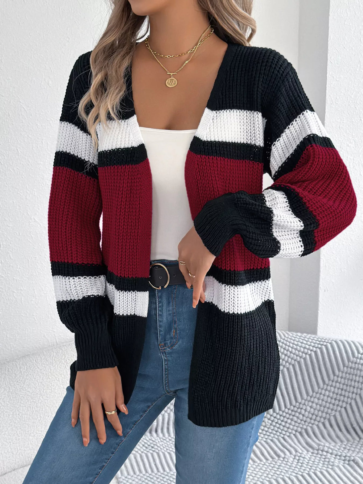 Color Block Open Front Knit Cardigan by Clise
