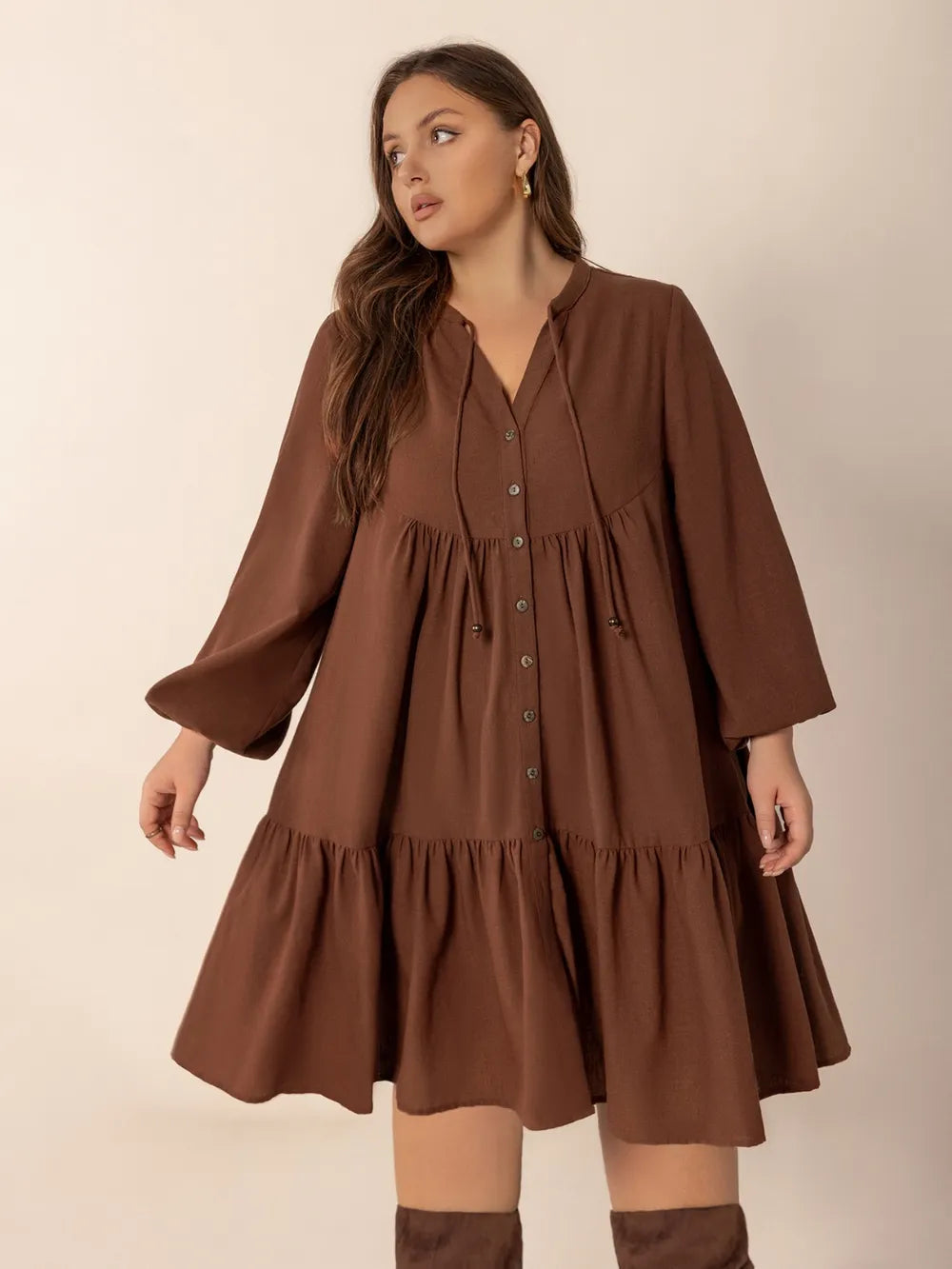 Plus Size Tie-Neck Tiered Dress in Brown