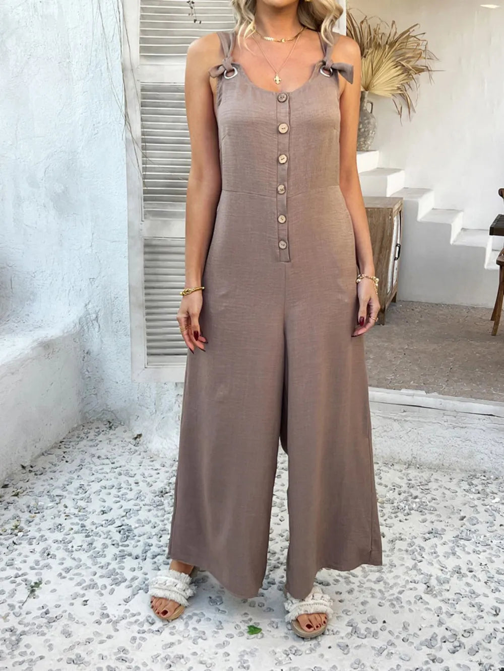 Button Front Wide Leg Jumpsuit