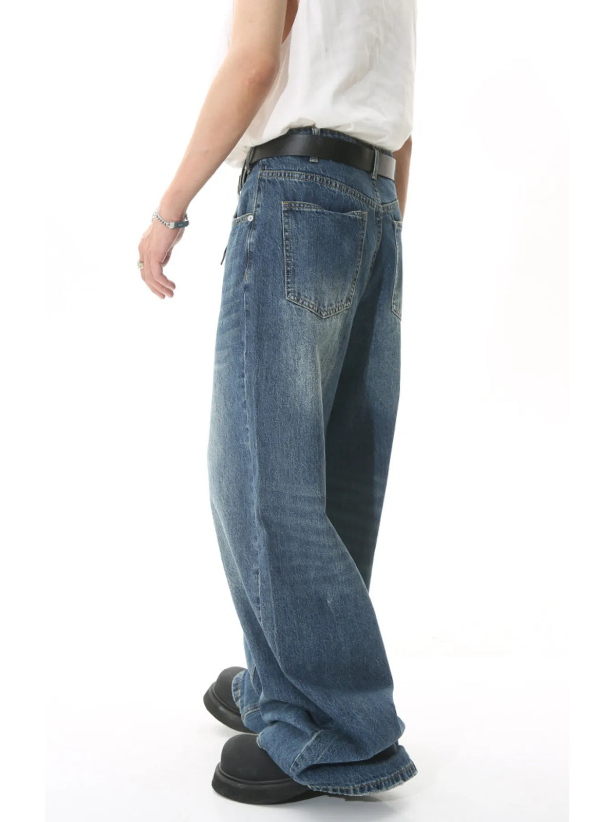 Vintage Wash Wide Leg Jeans in Dark Blue by Firm Stand