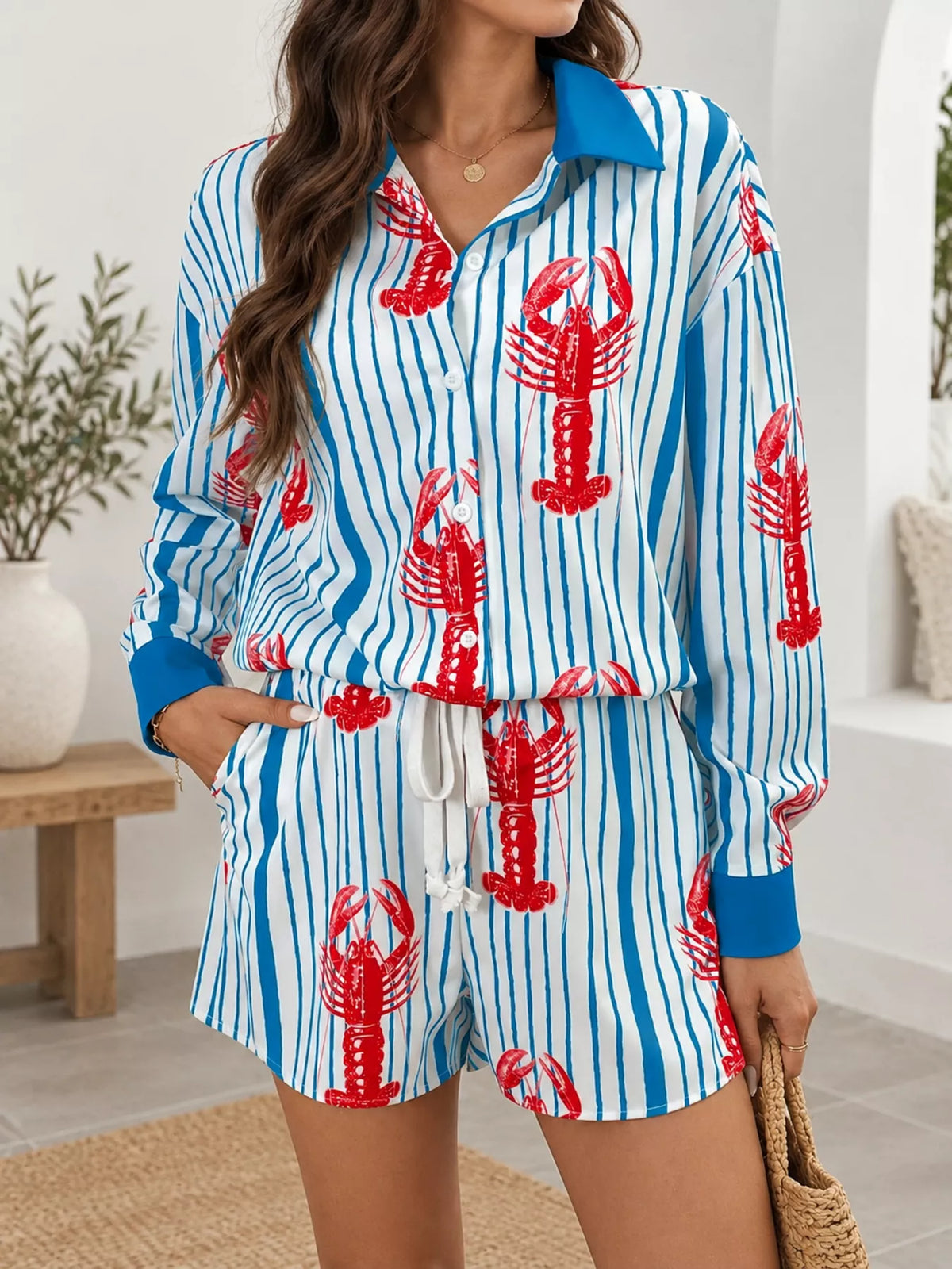 Lobster Print Striped Shirt and Shorts Set in Light Blue
