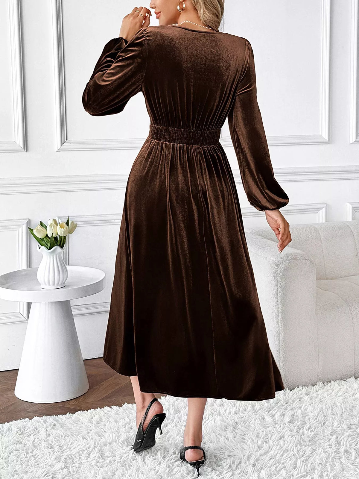 A-Line Velvet Dress with Lace Trim in Brown