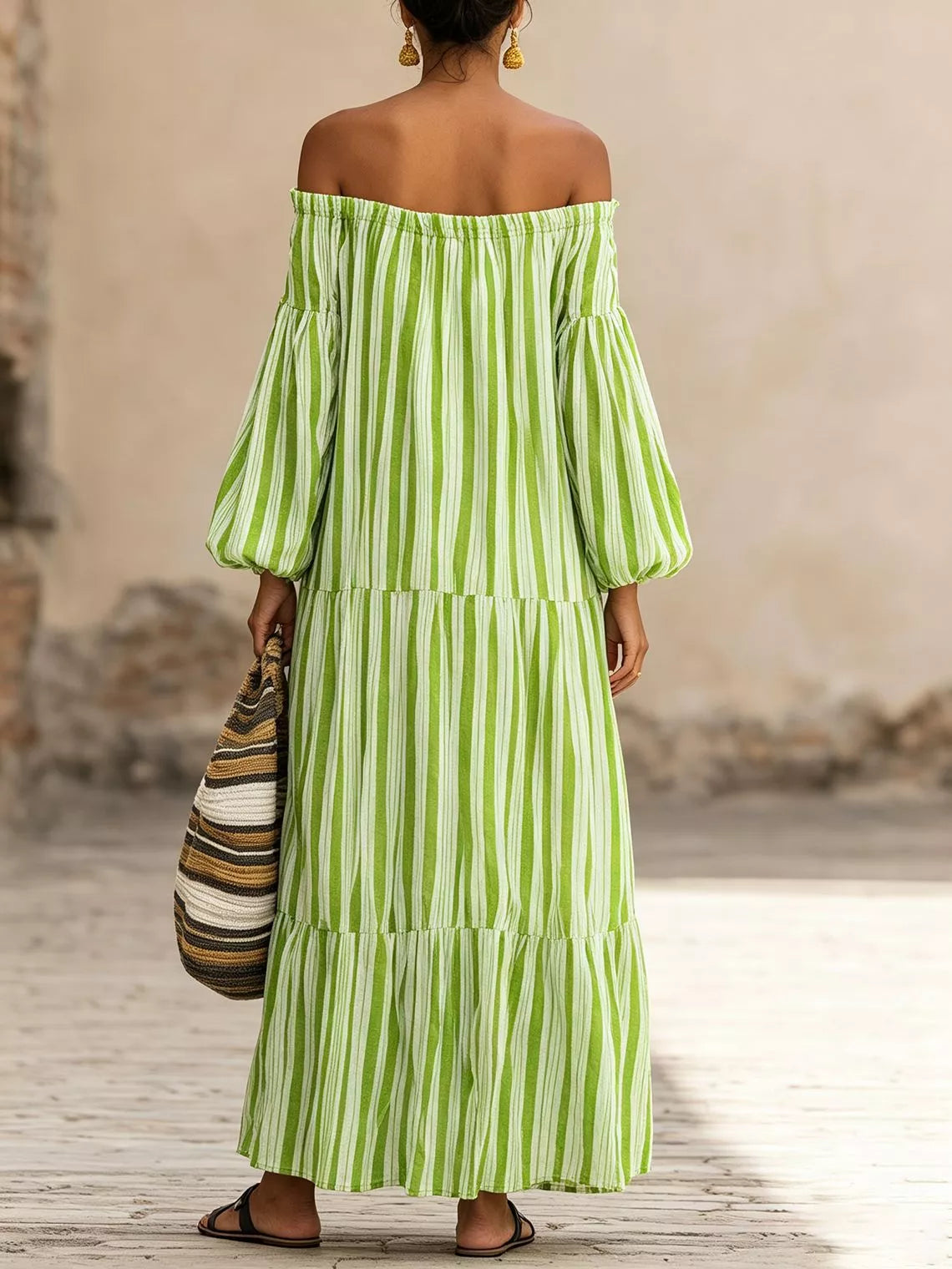 Striped Off-Shoulder Maxi Dress