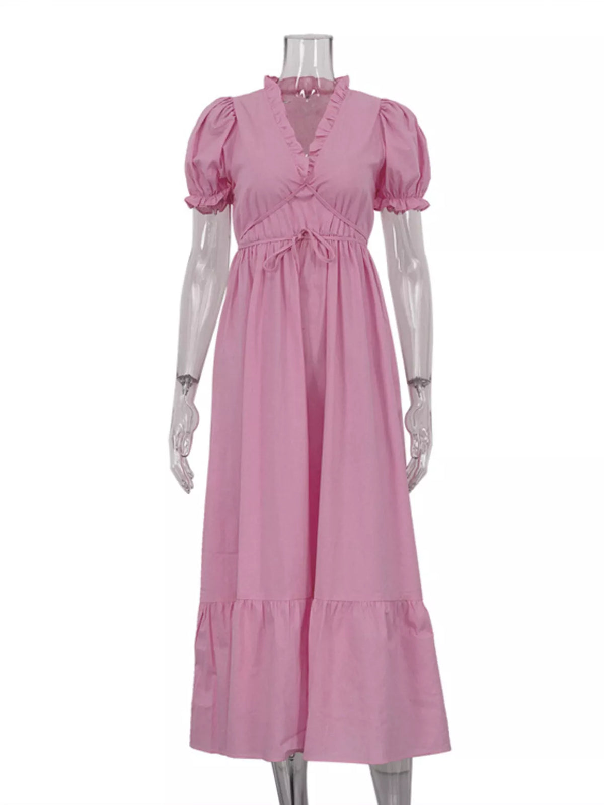 Tie Waist Puff Sleeve Maxi Dress with Frill Detail