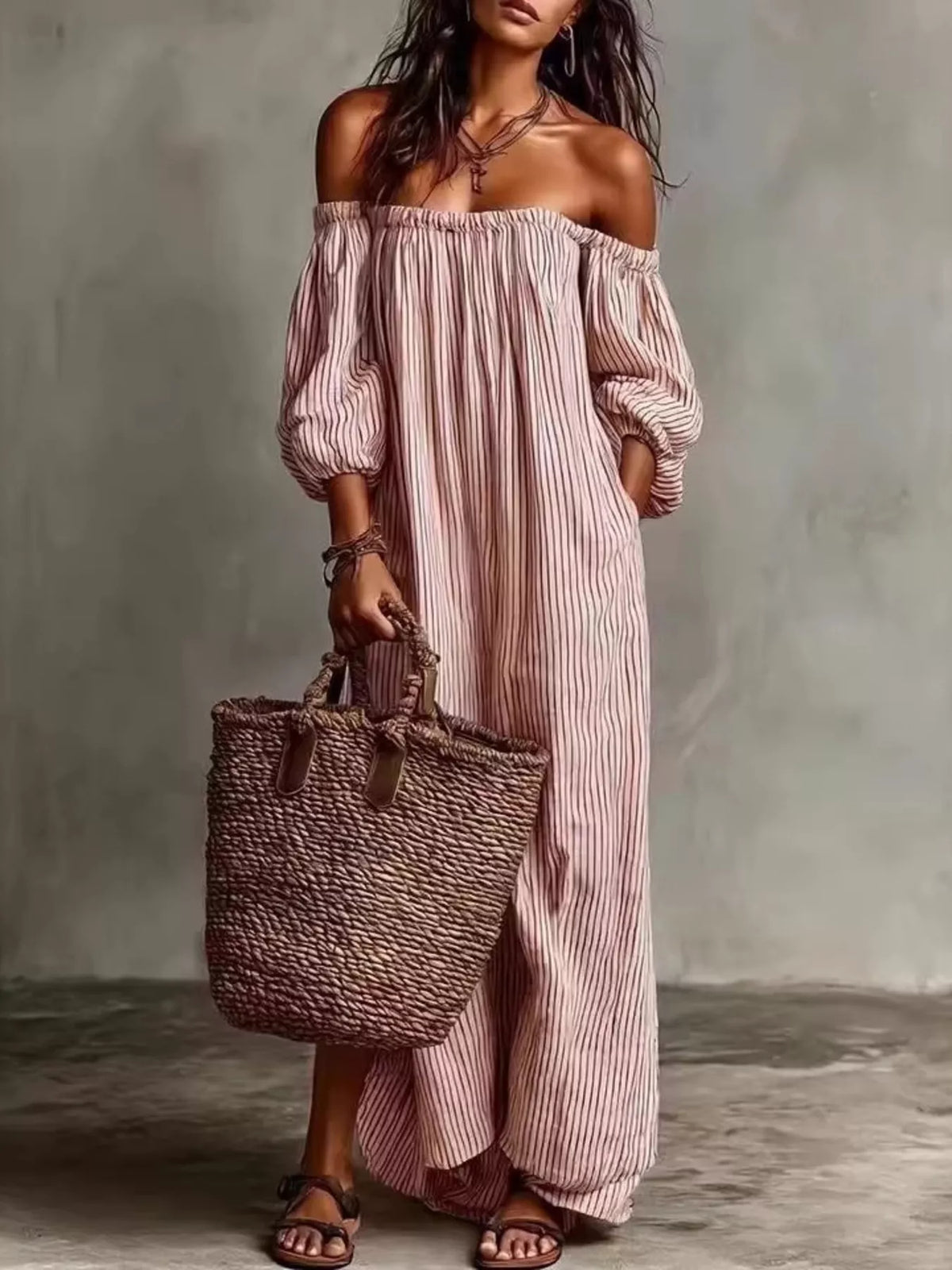 Off-Shoulder Striped Maxi Dress with Puff Sleeves