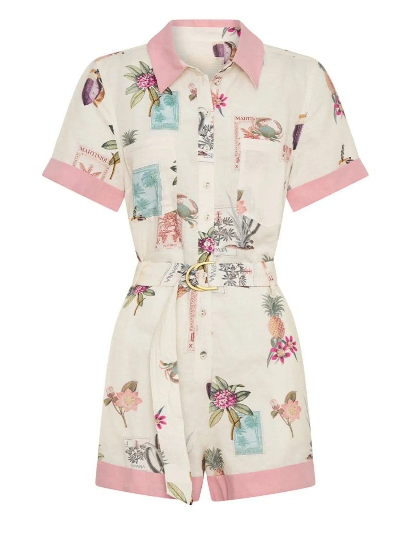 Belted Short Sleeve Romper in Multicolor