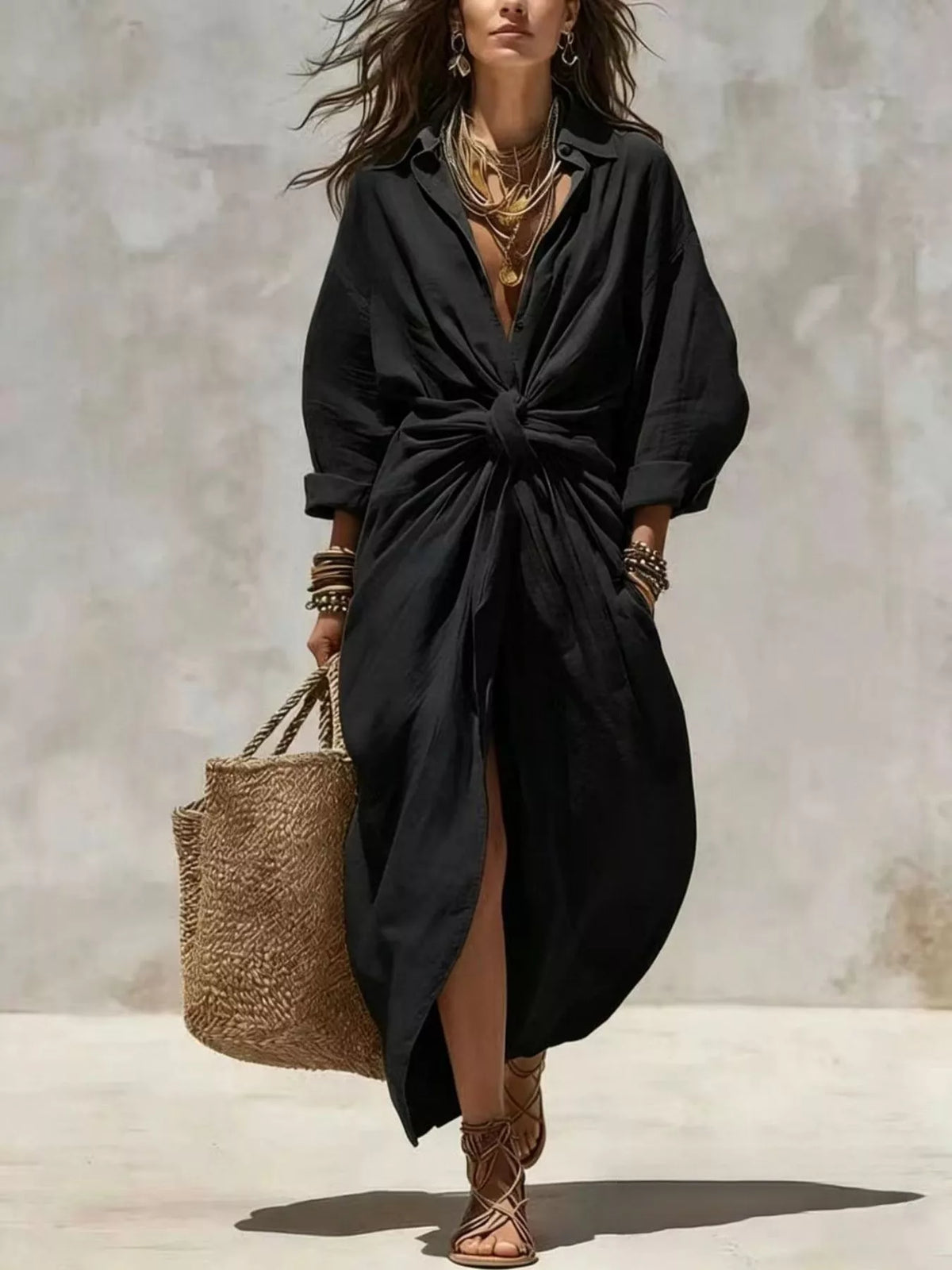 Front-Tie Maxi Shirt Dress