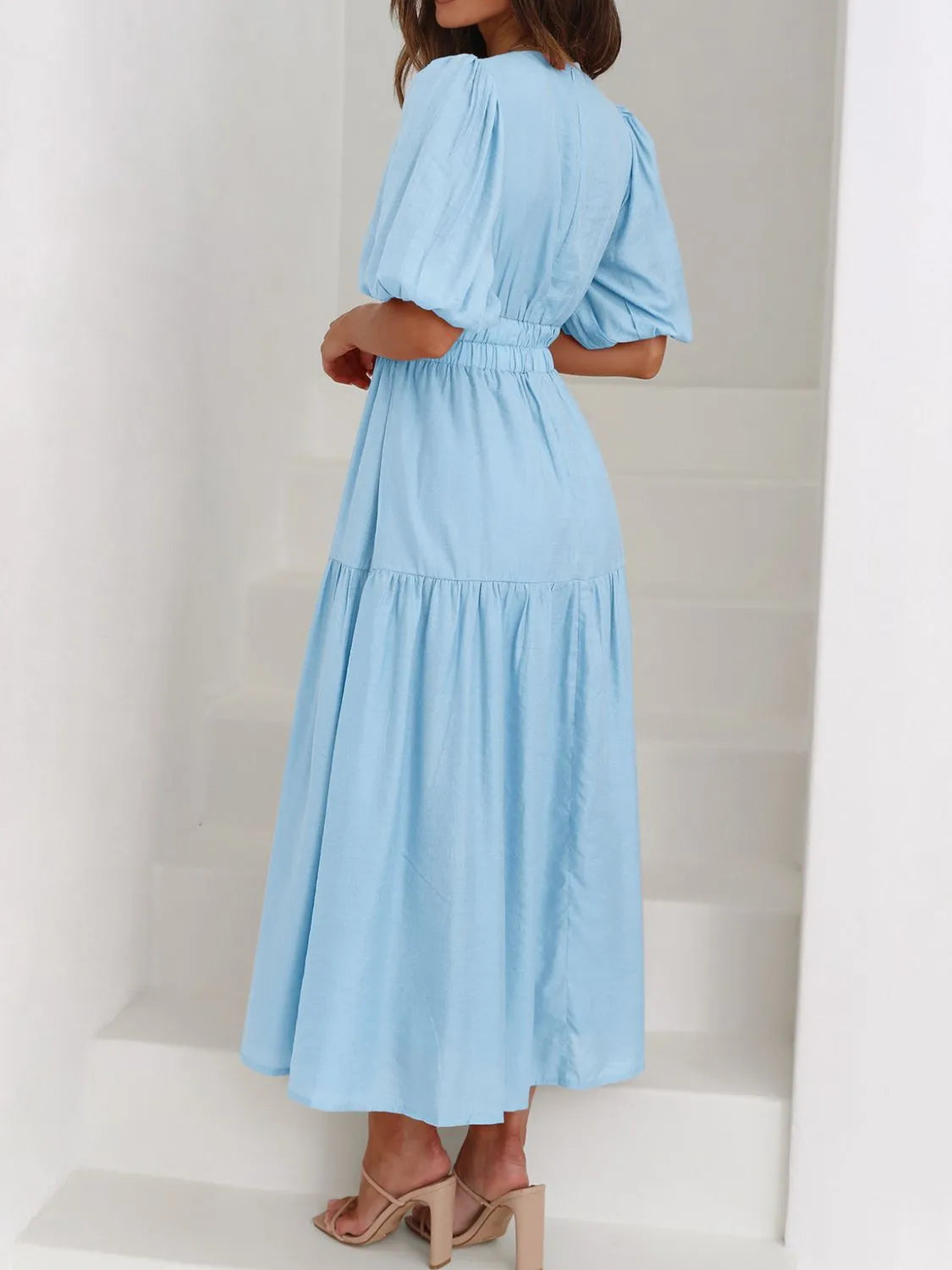 V-Neck Puff Sleeve Ruched Midi Dress