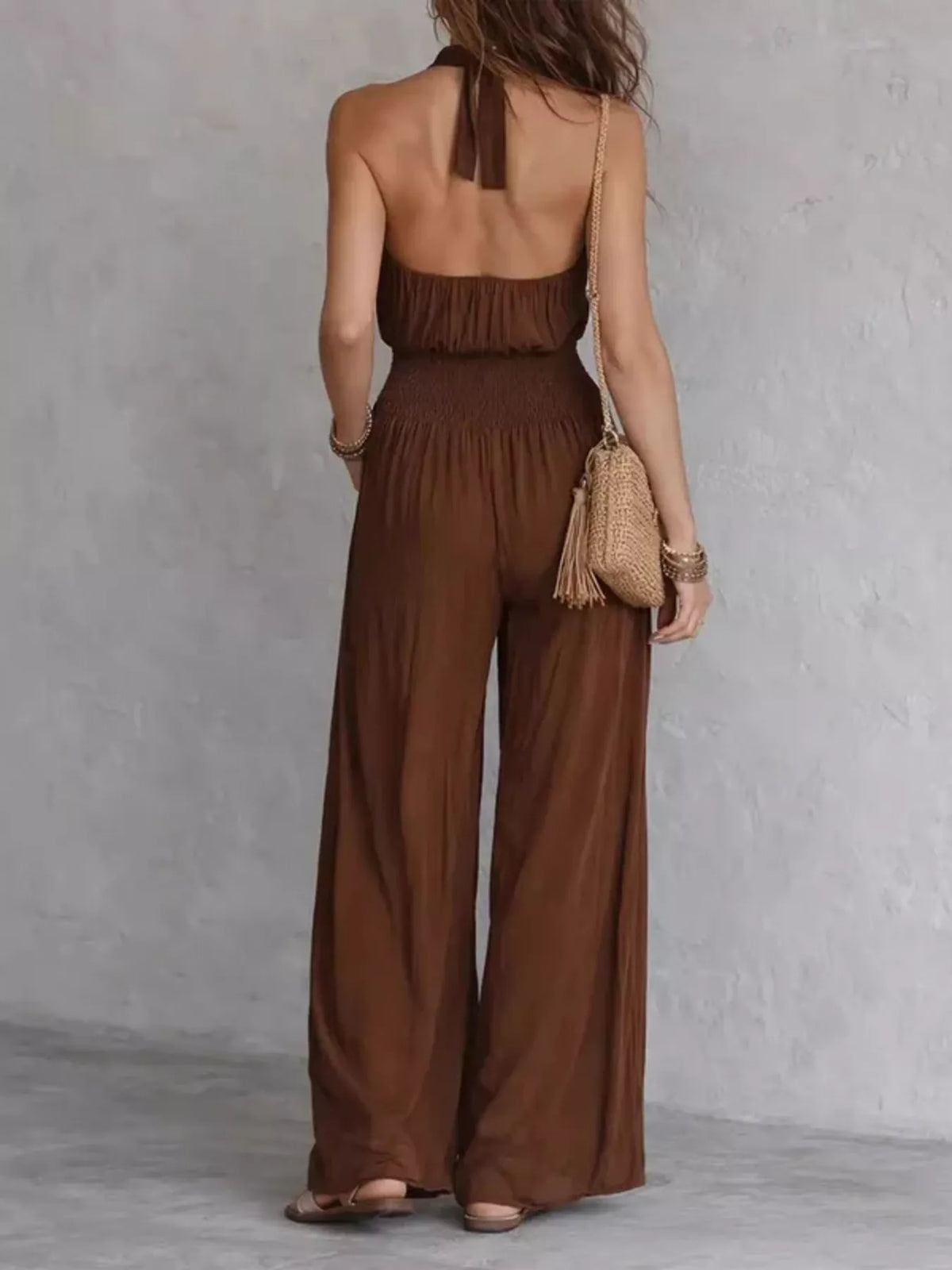 Halter Neck Wide-Leg Jumpsuit in Brown