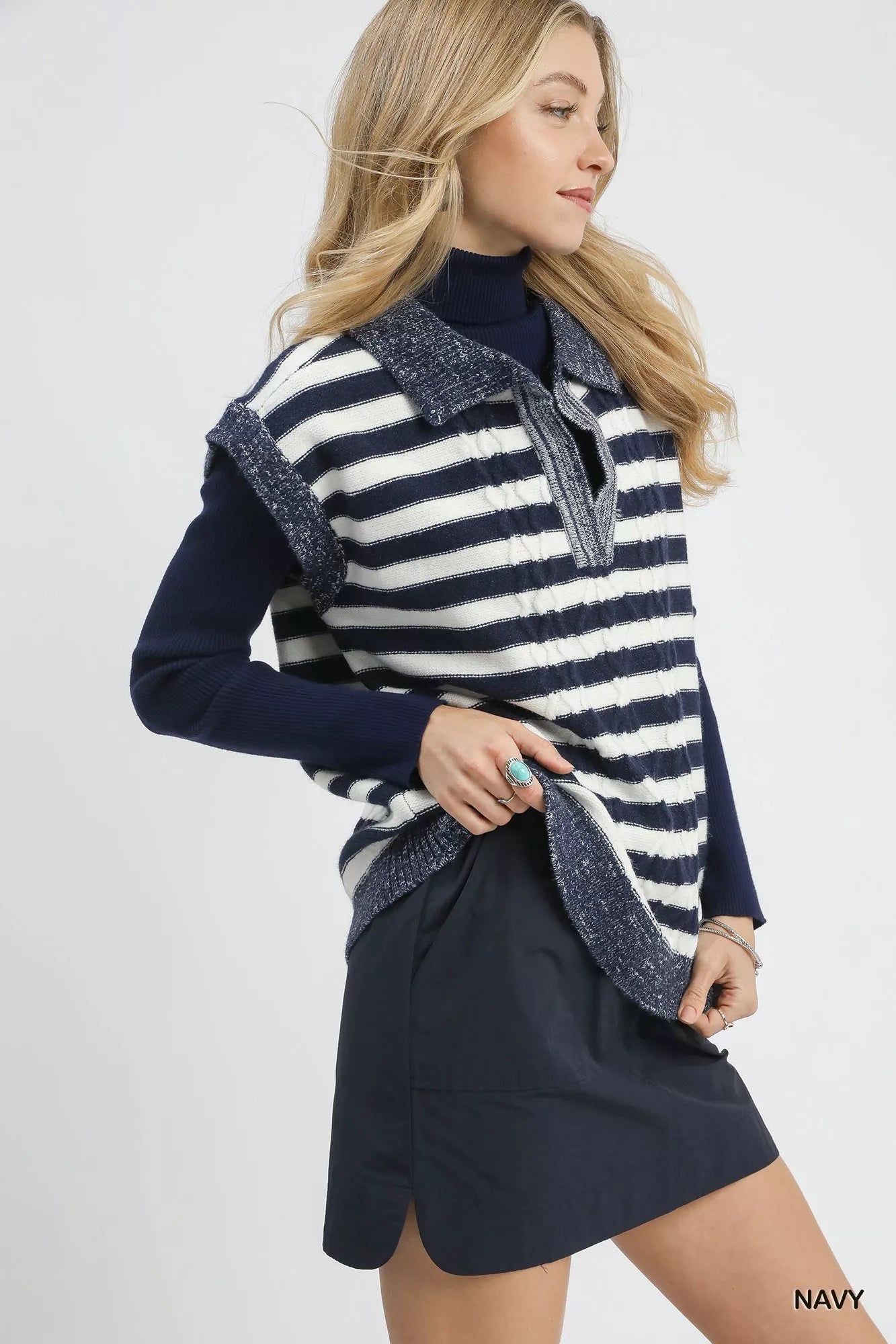Umgee Cable Knit Collared Striped Sweater Vest in Navy