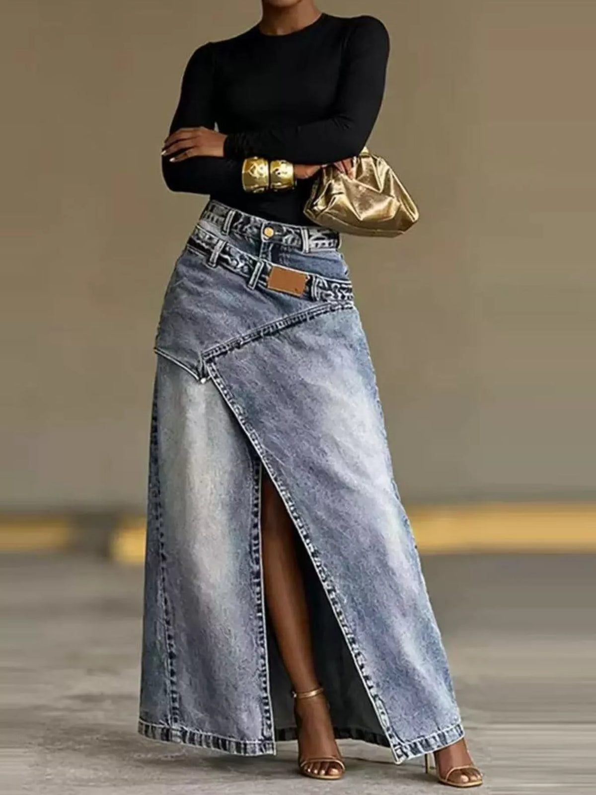 High-Waisted Asymmetric Slit Denim Maxi Skirt in Light Blue