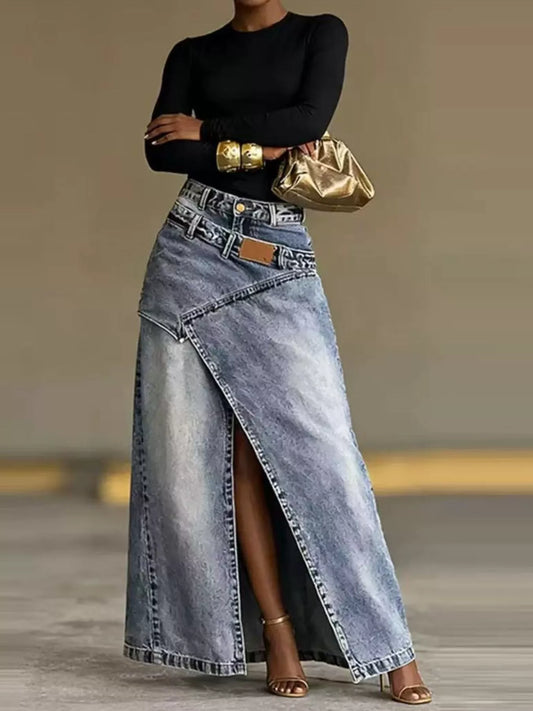 High-Waisted Asymmetric Slit Denim Maxi Skirt in Light Blue