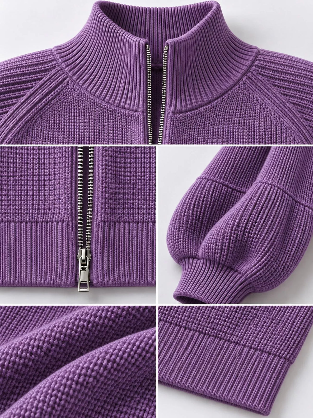 Ribbed Knit Zip-Up Cardigan with Lantern Sleeves