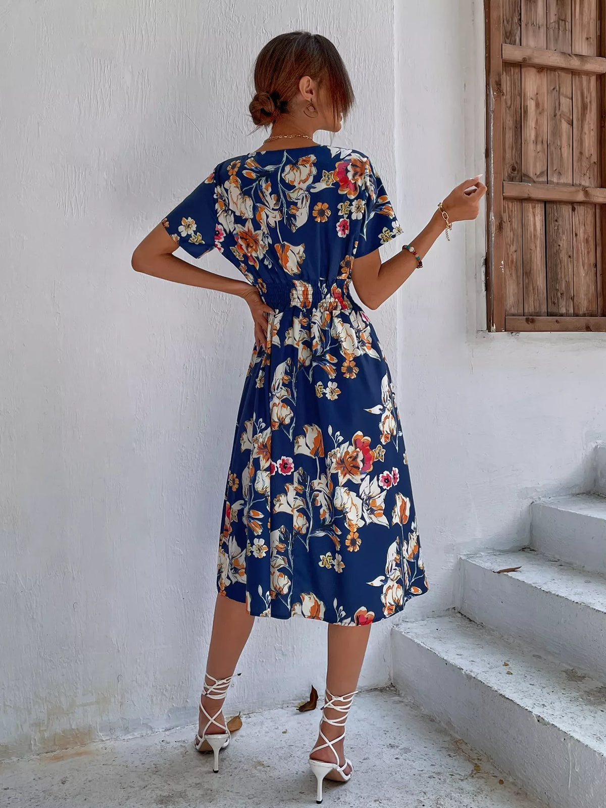 Smocked Printed Short-Sleeve Midi Dress