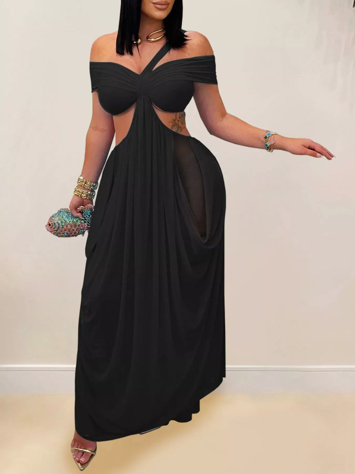 Cutout Off-Shoulder Ruched Maxi Dress