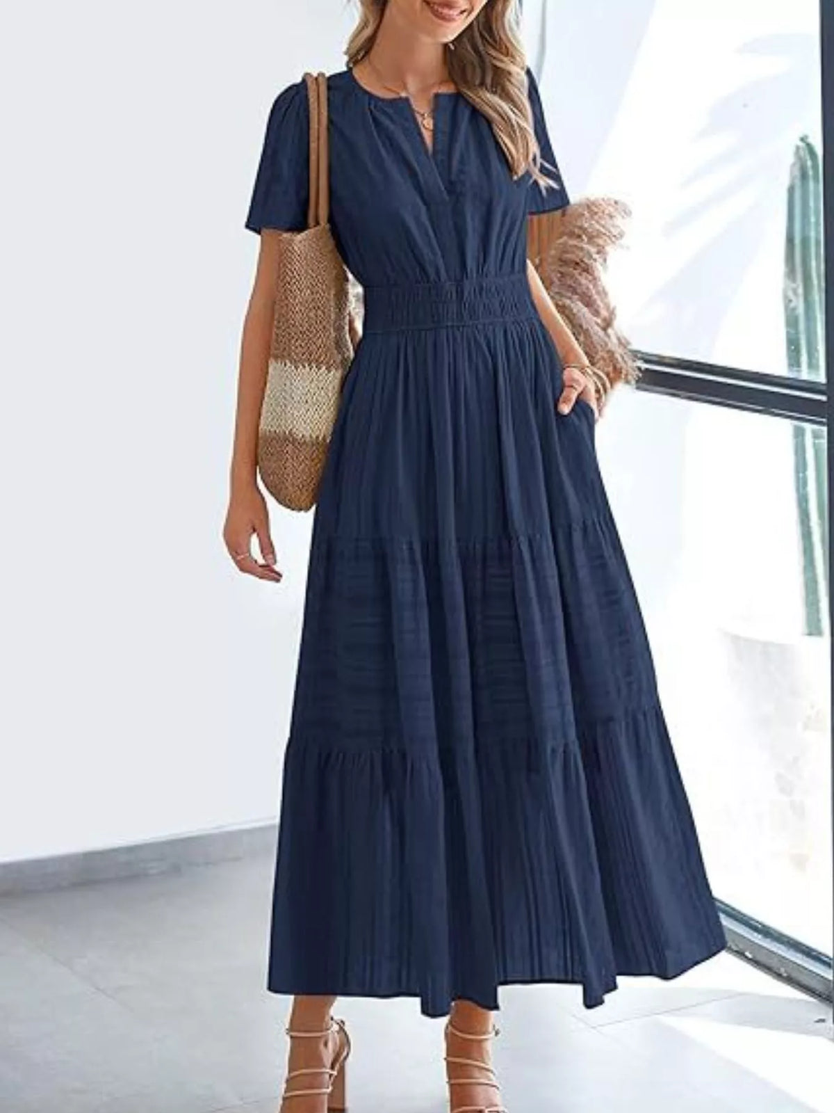 Short Sleeve Tiered Midi Dress with Pockets