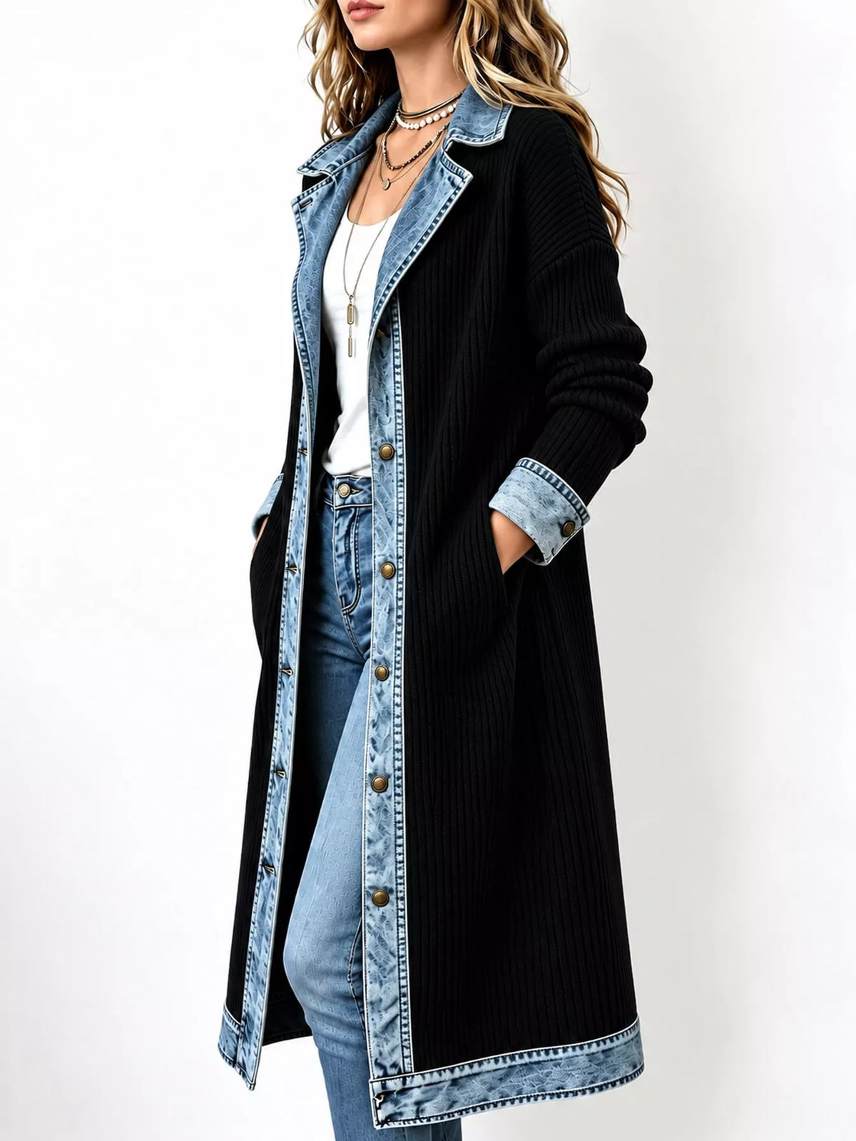 Denim-Trimmed Longline Cardigan