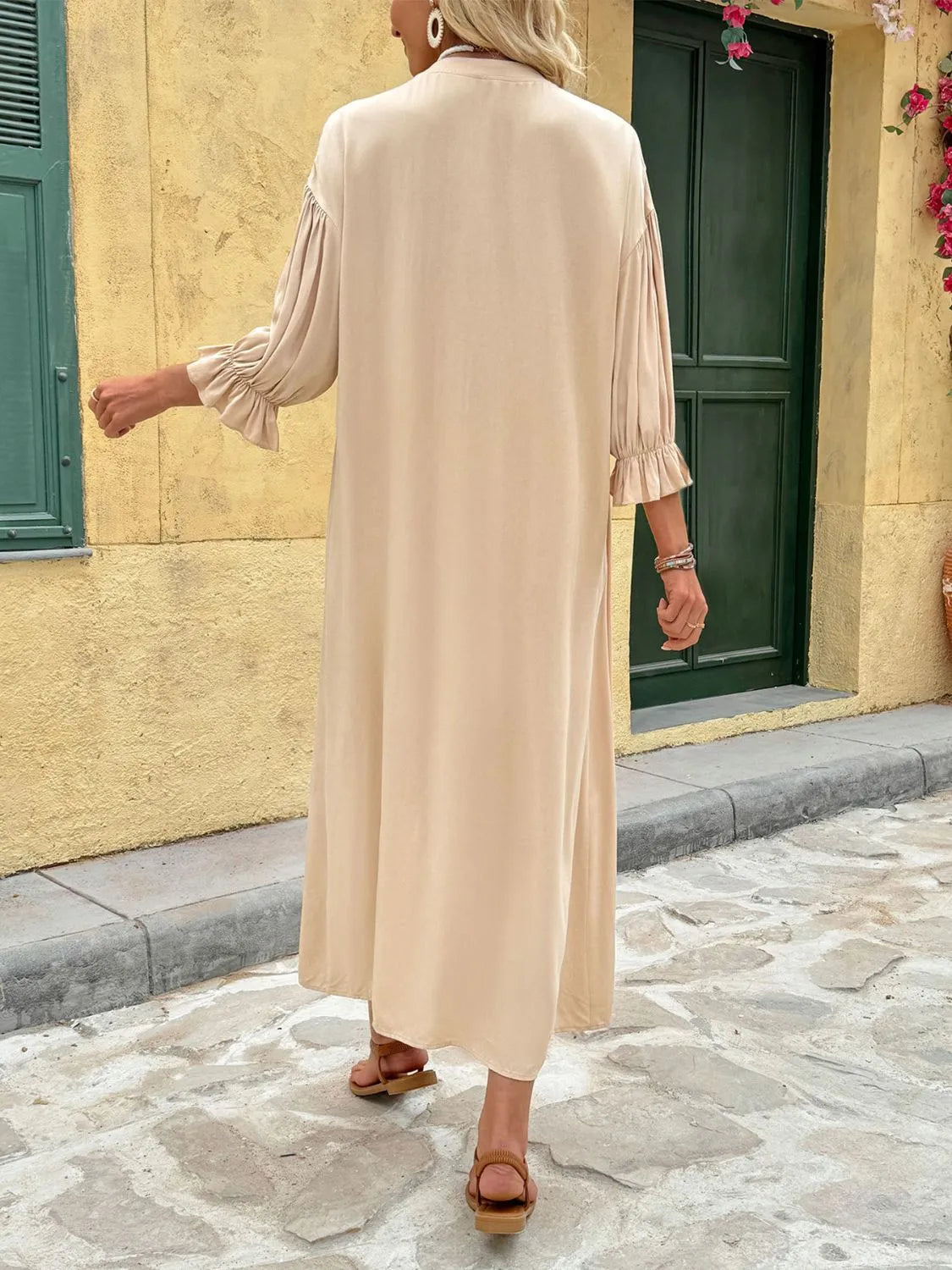 Button Front Flounce Sleeve Dress in Tan