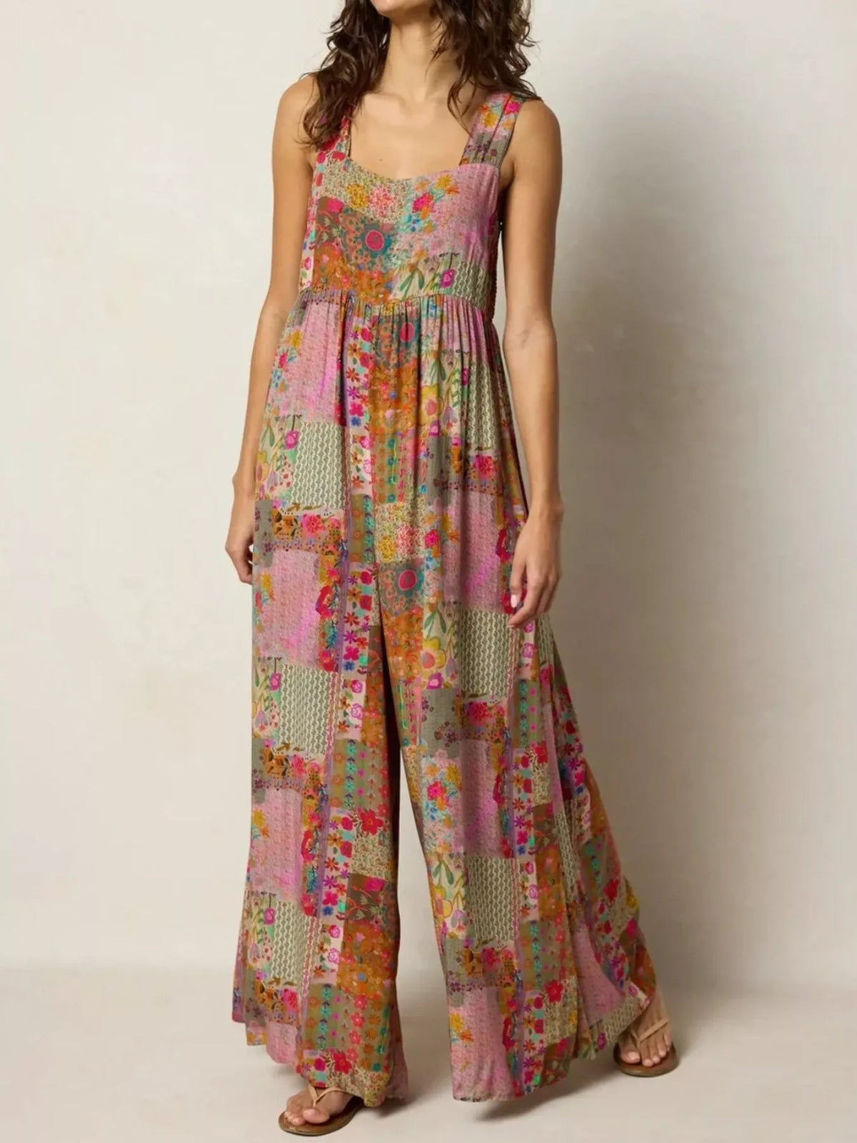 Patchwork Wide Leg Jumpsuit in Orange Red