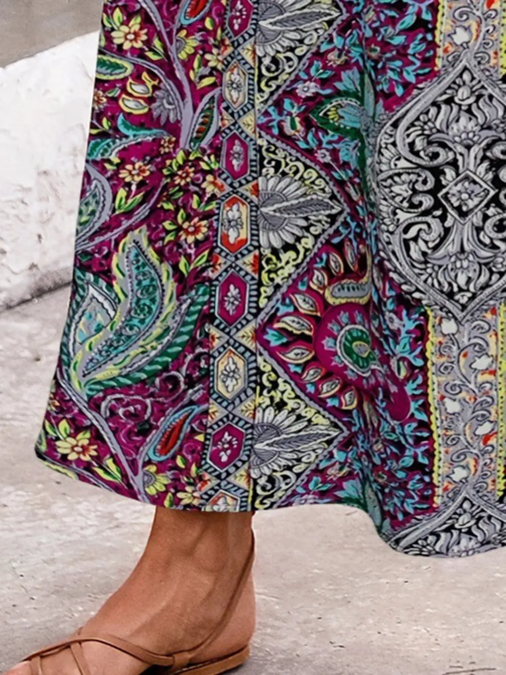 Printed Elastic-Waist Skirt with Slit