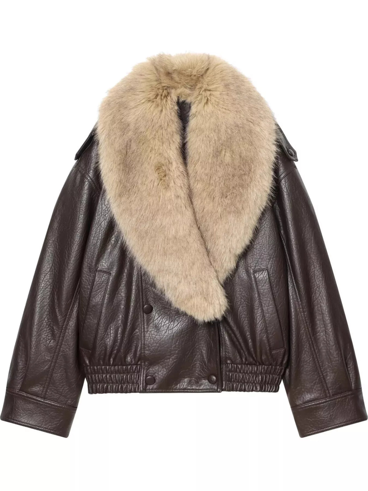 Faux Fur Collar Leather Bomber Jacket in Coffee