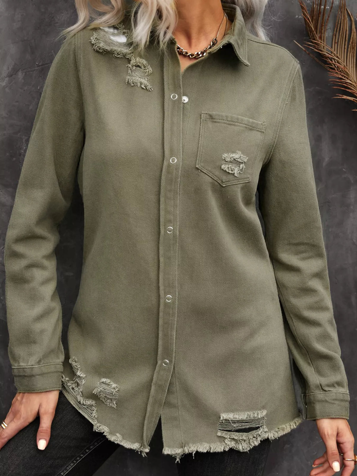 Distressed Raw Hem Denim Shirt Jacket in Army Green