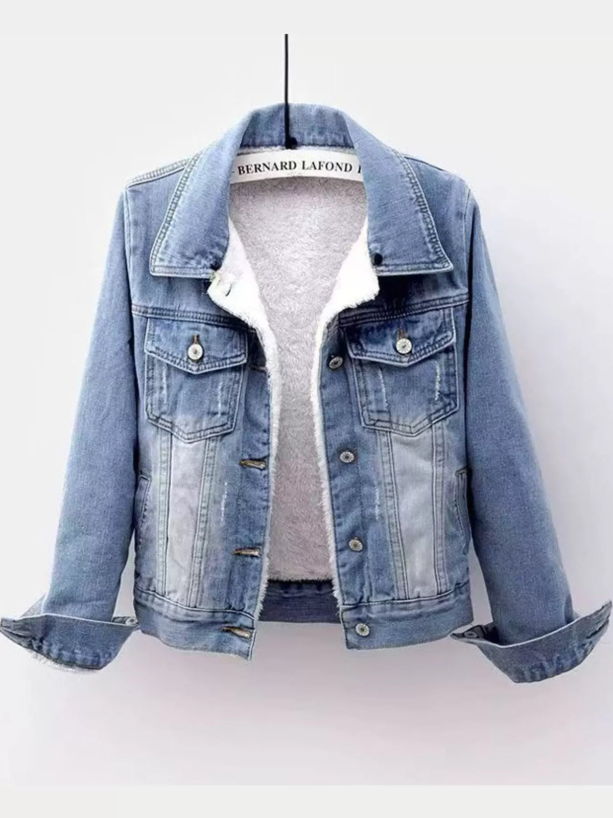 Sherpa-Lined Distressed Denim Jacket