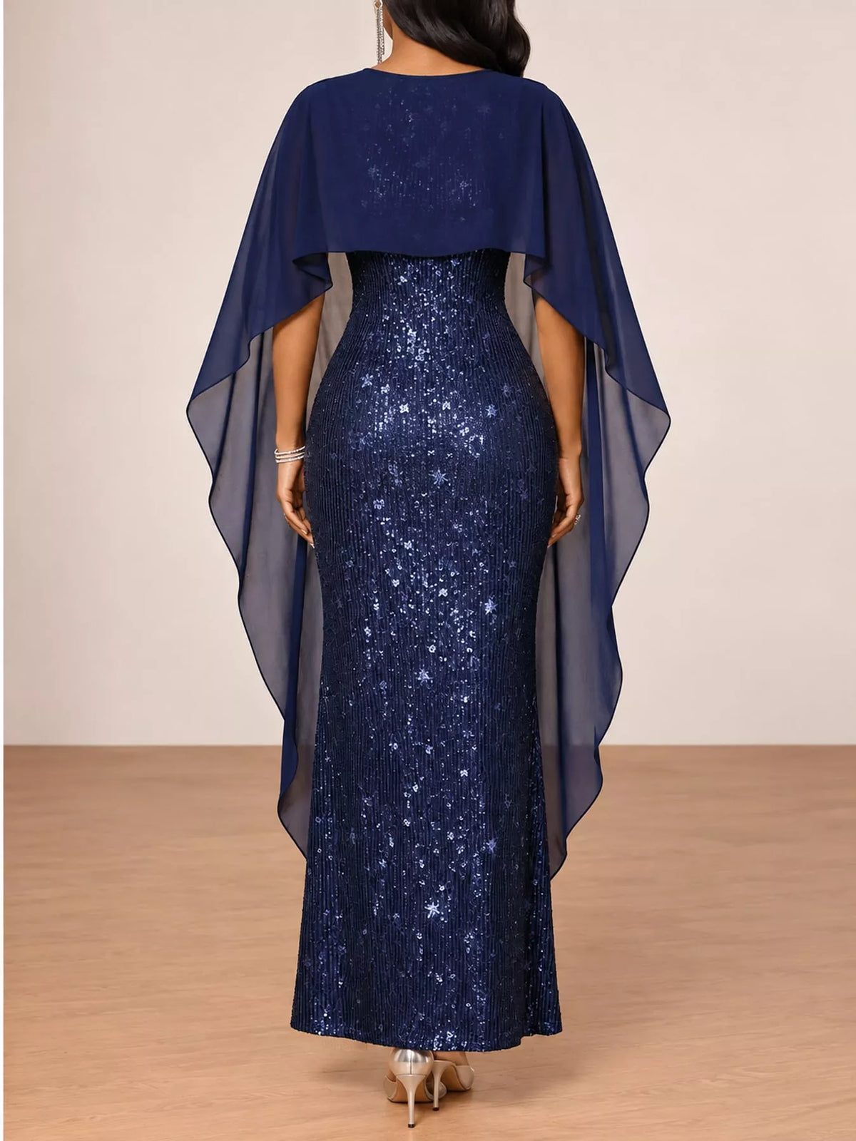 Sequin Cape-Overlay Evening Dress