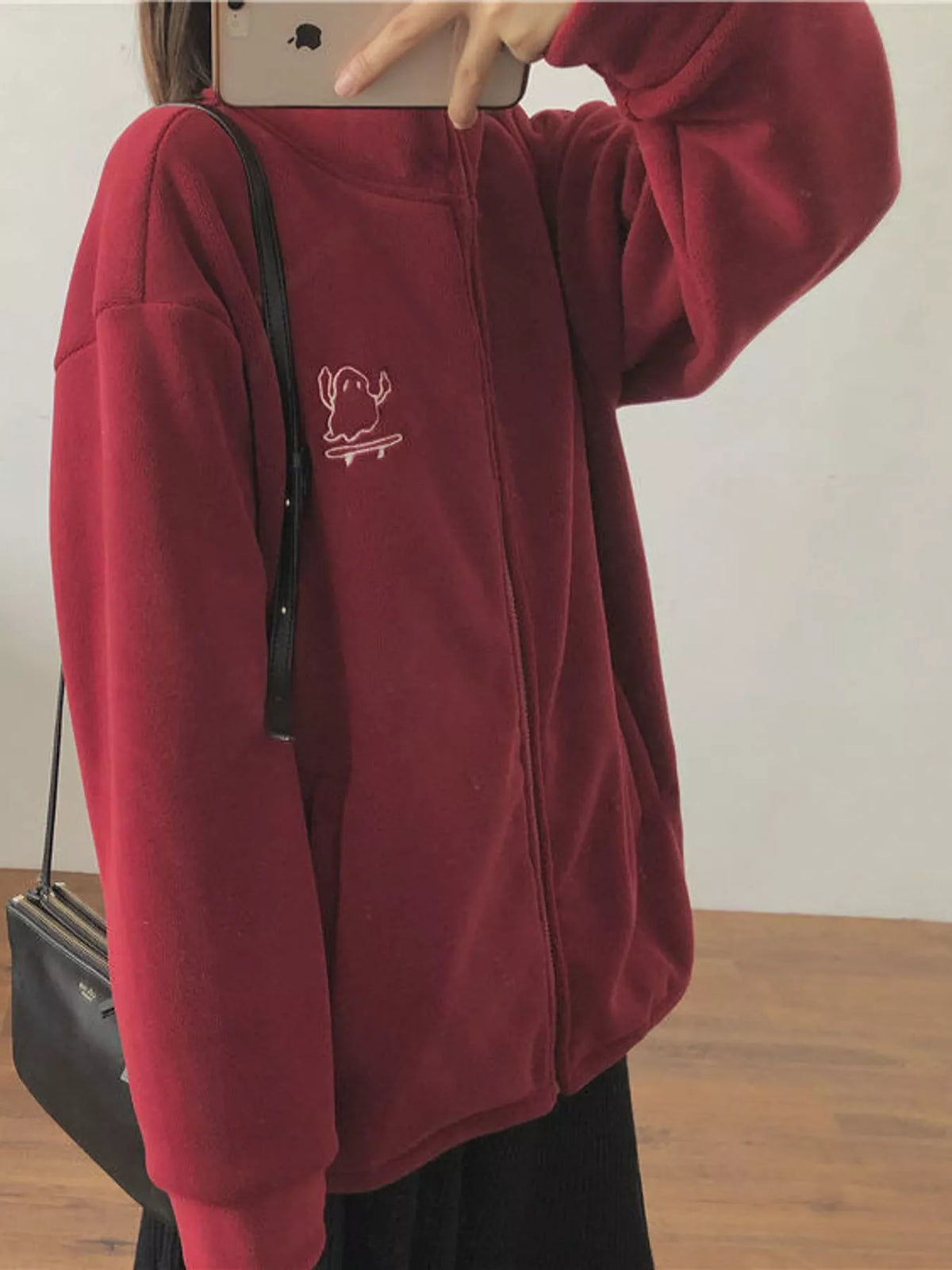 Embroidered Fleece Stand-Collar Jacket