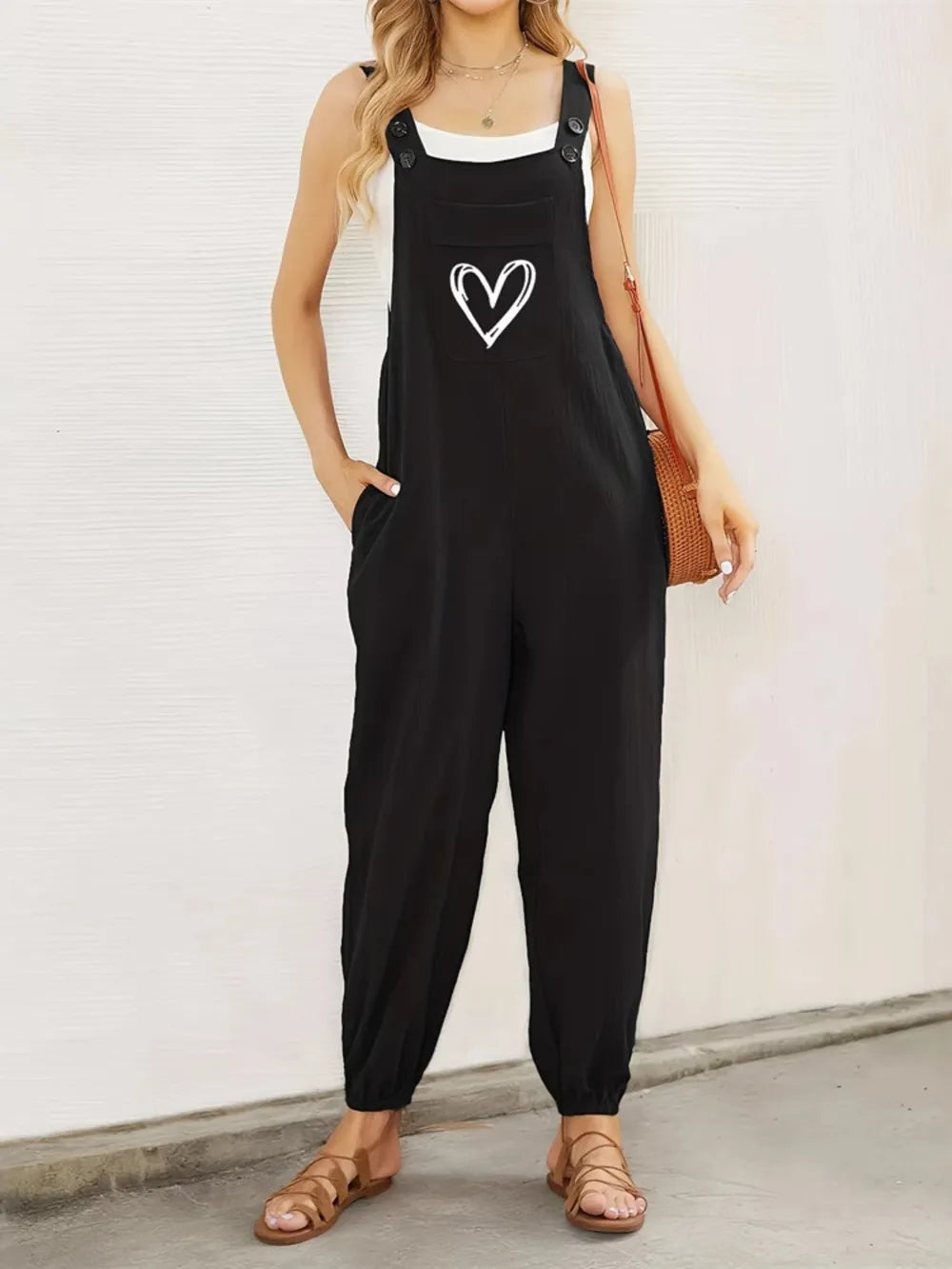 Heart Square Neck Wide Strap Overalls in Black