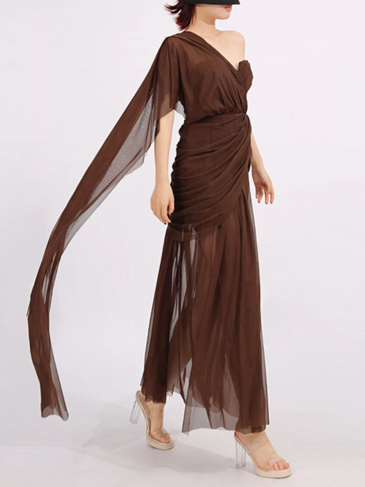 One-Shoulder Mesh Dress in Coffee in Coffee Color
