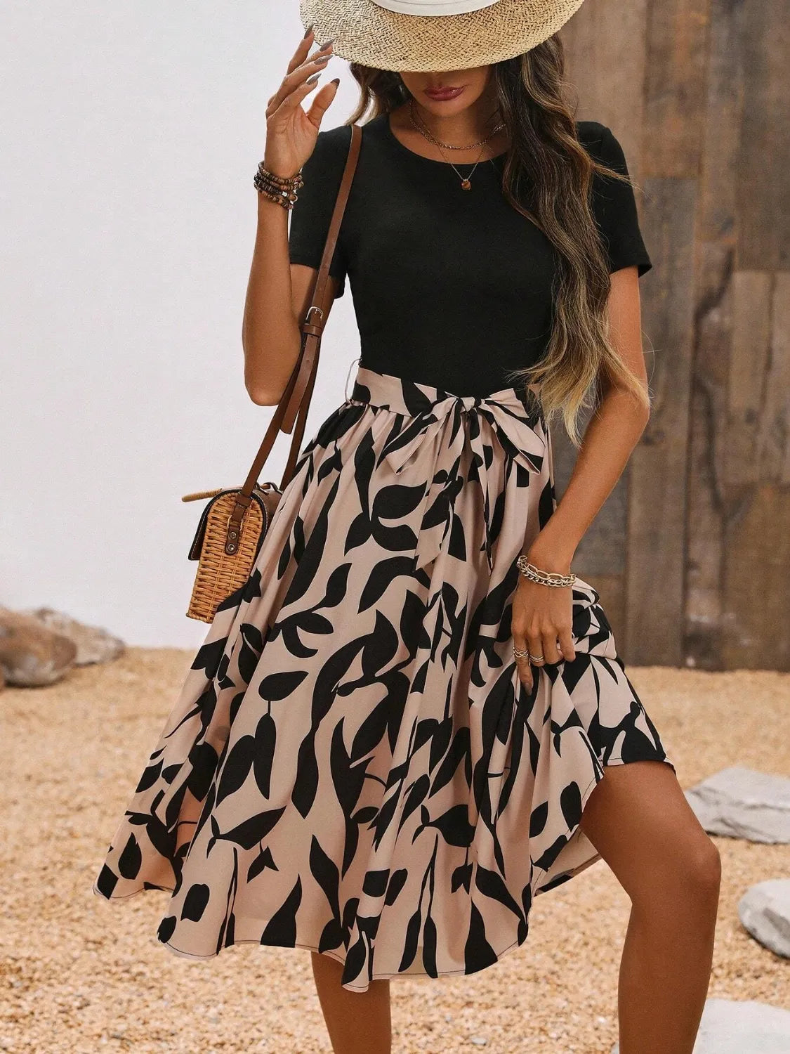 Belted Round Neck Midi Dress in Camel