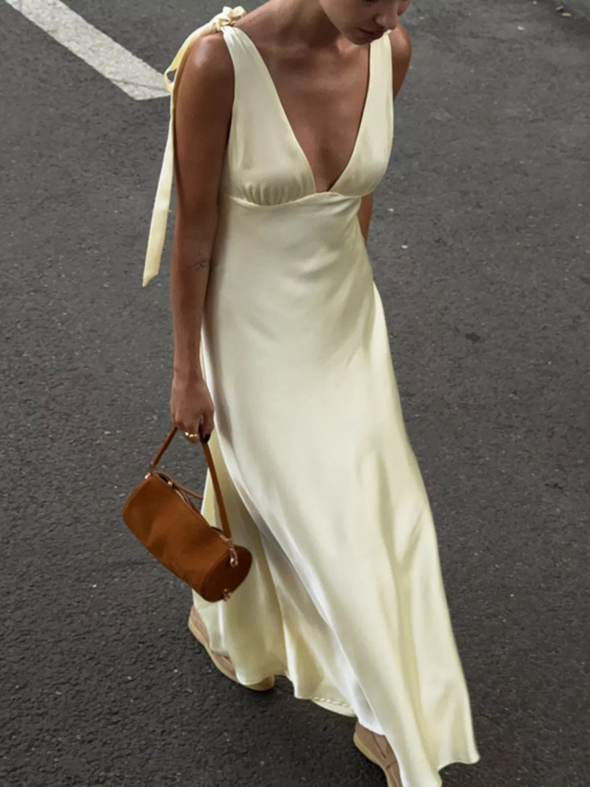 Satin Tie Shoulder Deep V-Neck Dress in Beige