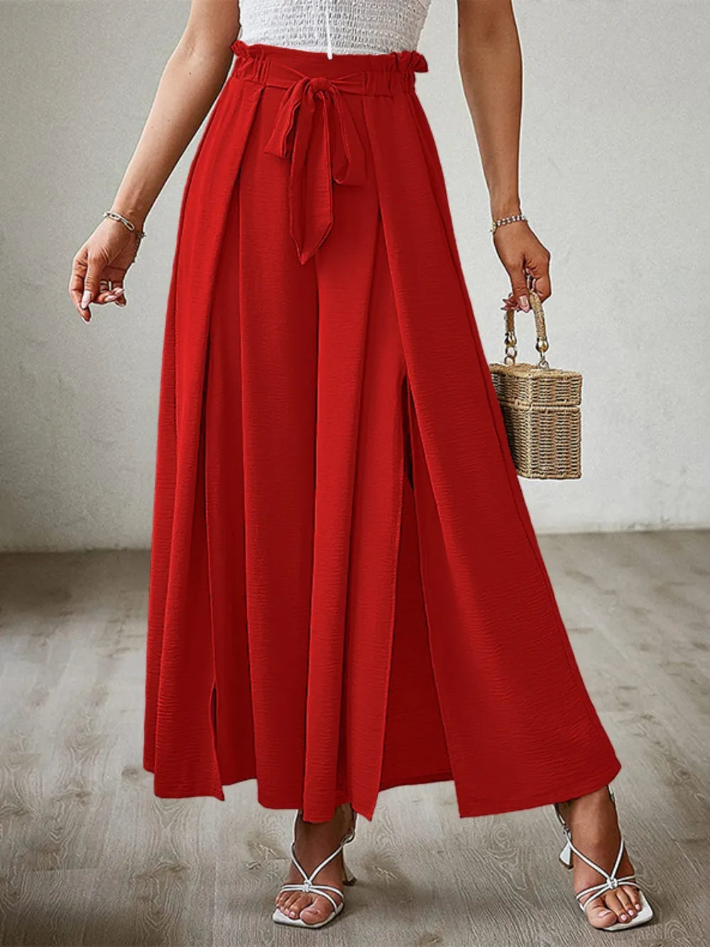 Wide Leg Pants with Tie and Slit