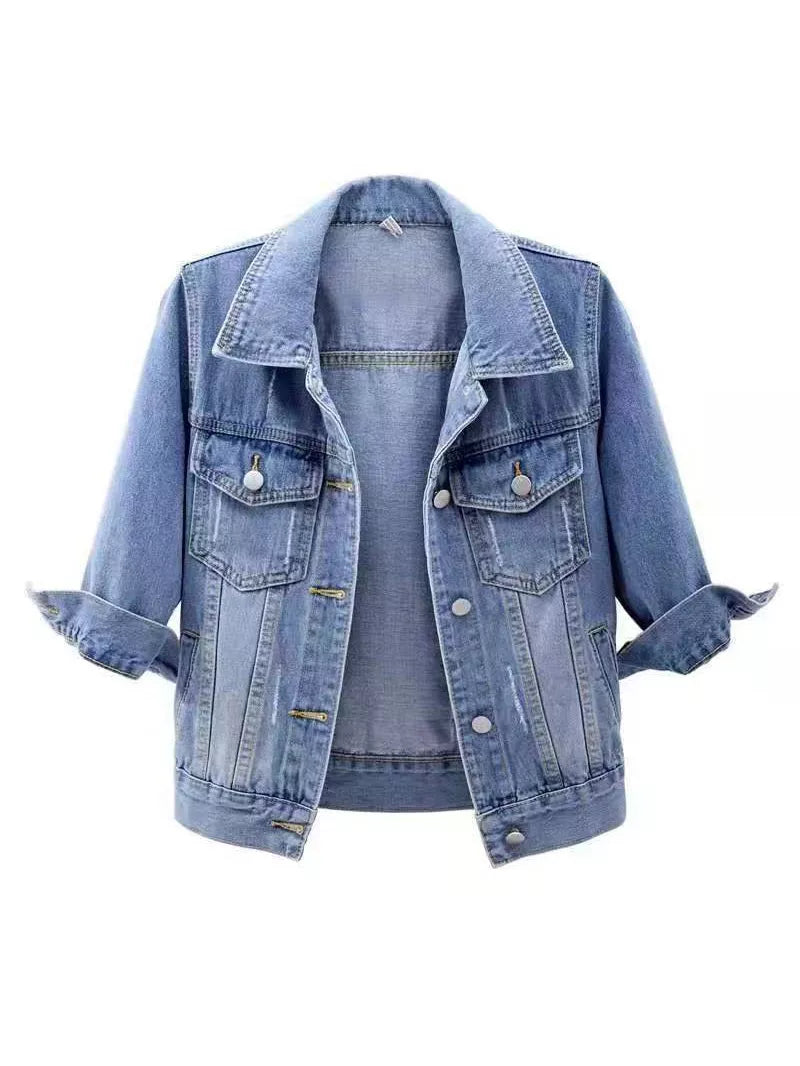 Distressed Mid-Sleeve Denim Jacket