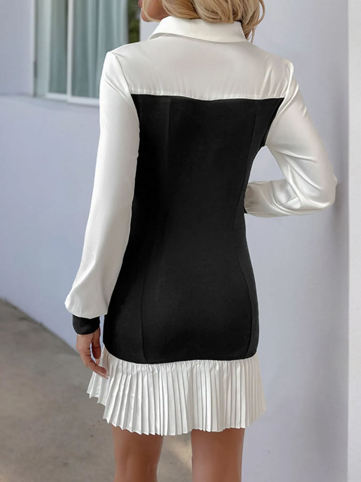 Two-Tone Pleated Shirt Dress in Black and White in Black White