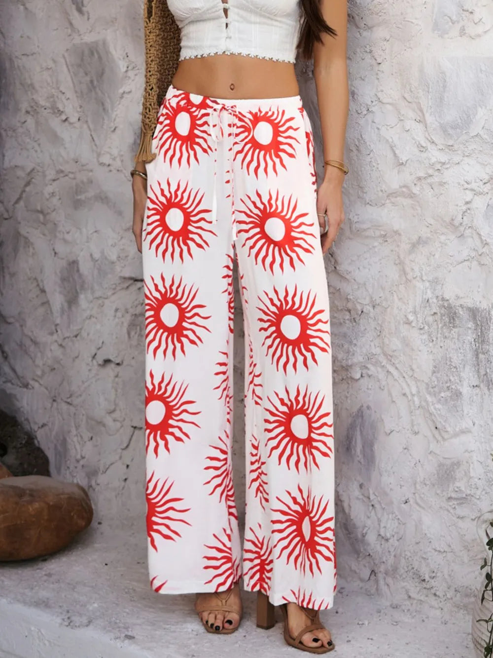 Drawstring Printed Wide Leg Pants
