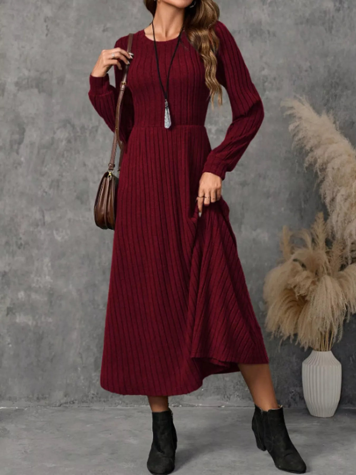 Ribbed Knit A-Line Midi Dress