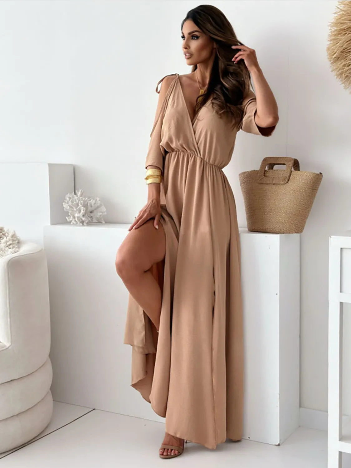 Tied-Shoulder Slit Maxi Dress